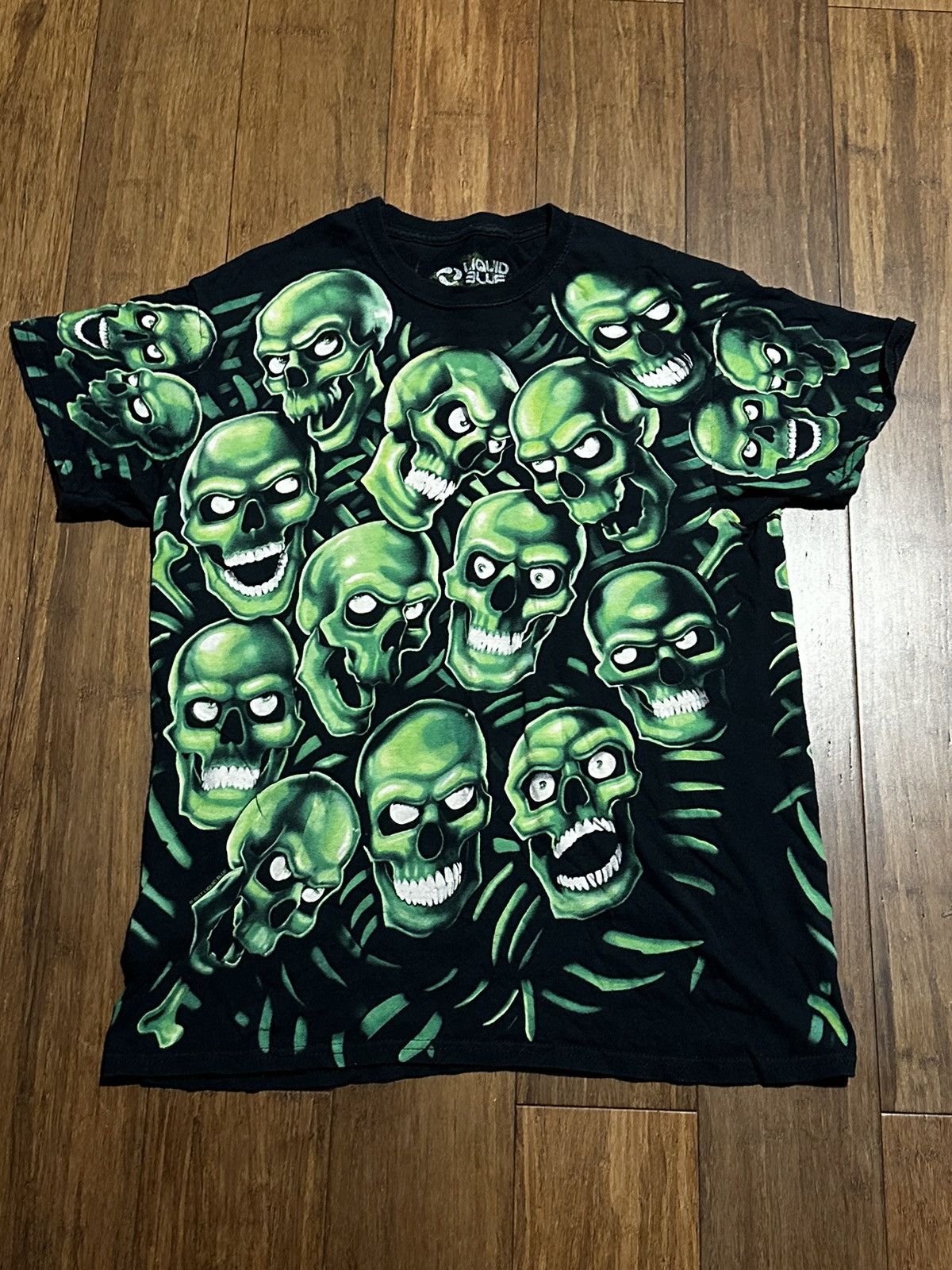 Liquid Blue Green Skulls all over print shirt