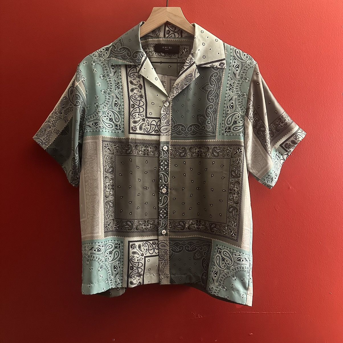 image of Amiri Blue Paisley Reconstructed Silk Shirt in Sky Blue, Men's (Size Small)