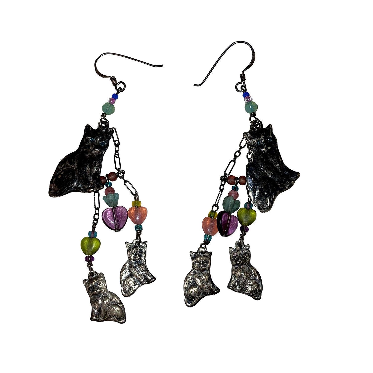 Designer Sterling Silver Artisan Kitty Cat Chandelier Earrings Size ONE SIZE - 1 Thumbnail