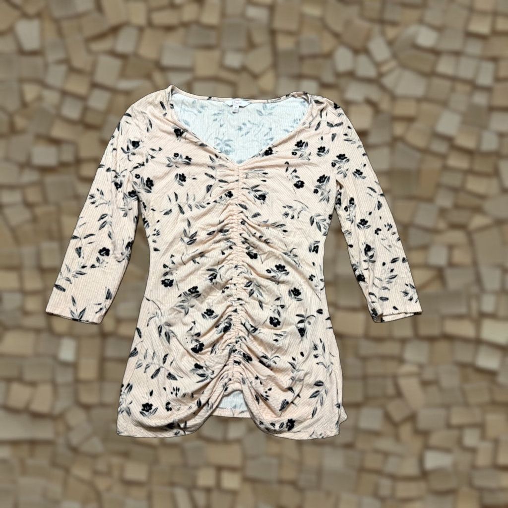 Vintage Candies Shirt Women's Medium Pink Black Floral Ruched Long Sleeve V-Neck Shirt Mens Womens Girls Size M / US 6-8 / IT 42-44 - 1 Thumbnail