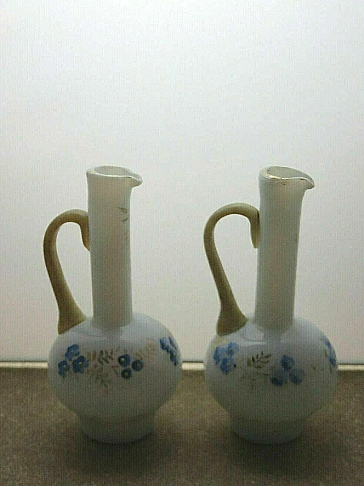 The Unbranded Brand White Milk Glass Display Set of 2 Jug Handle Blue Flower 6" Size ONE SIZE - 3 Thumbnail