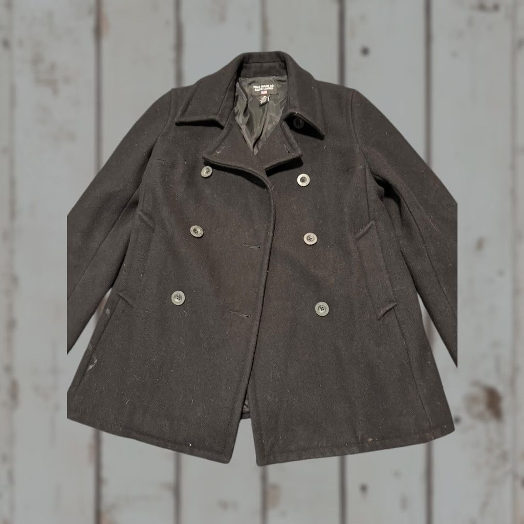 VINTAGE Polo Jeans Co Ralph Lauren Black Wool Double Breasted Pea Jacket Men’s S Regular Wool Peacoat Winter Outdoor Mens Jacket