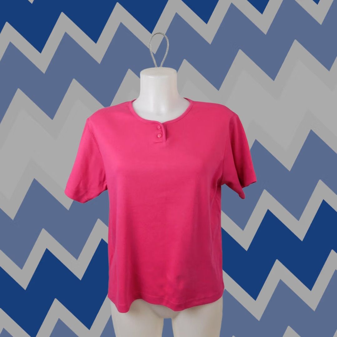 Vintage Karen Scott Cotton Rich Short Sleeve Crew Neck Knit Henley Top Pink L Women Shirt Casual Knit Mens Womens Girls Size L / US 10 / IT 46 - 1 Thumbnail