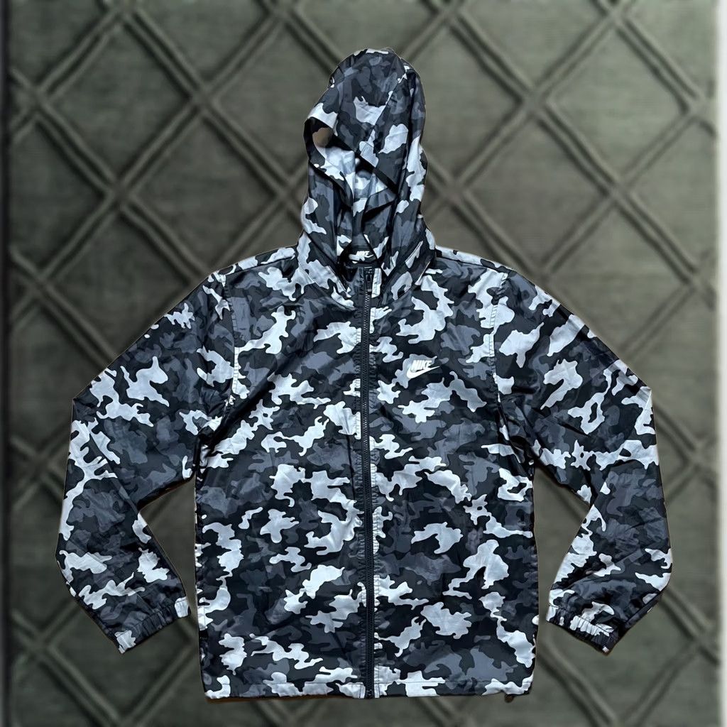Nike Jacket Men S Black Camo Nsw Sportswear Windbreaker Hooded Full Zip Bv2979-010, Men's