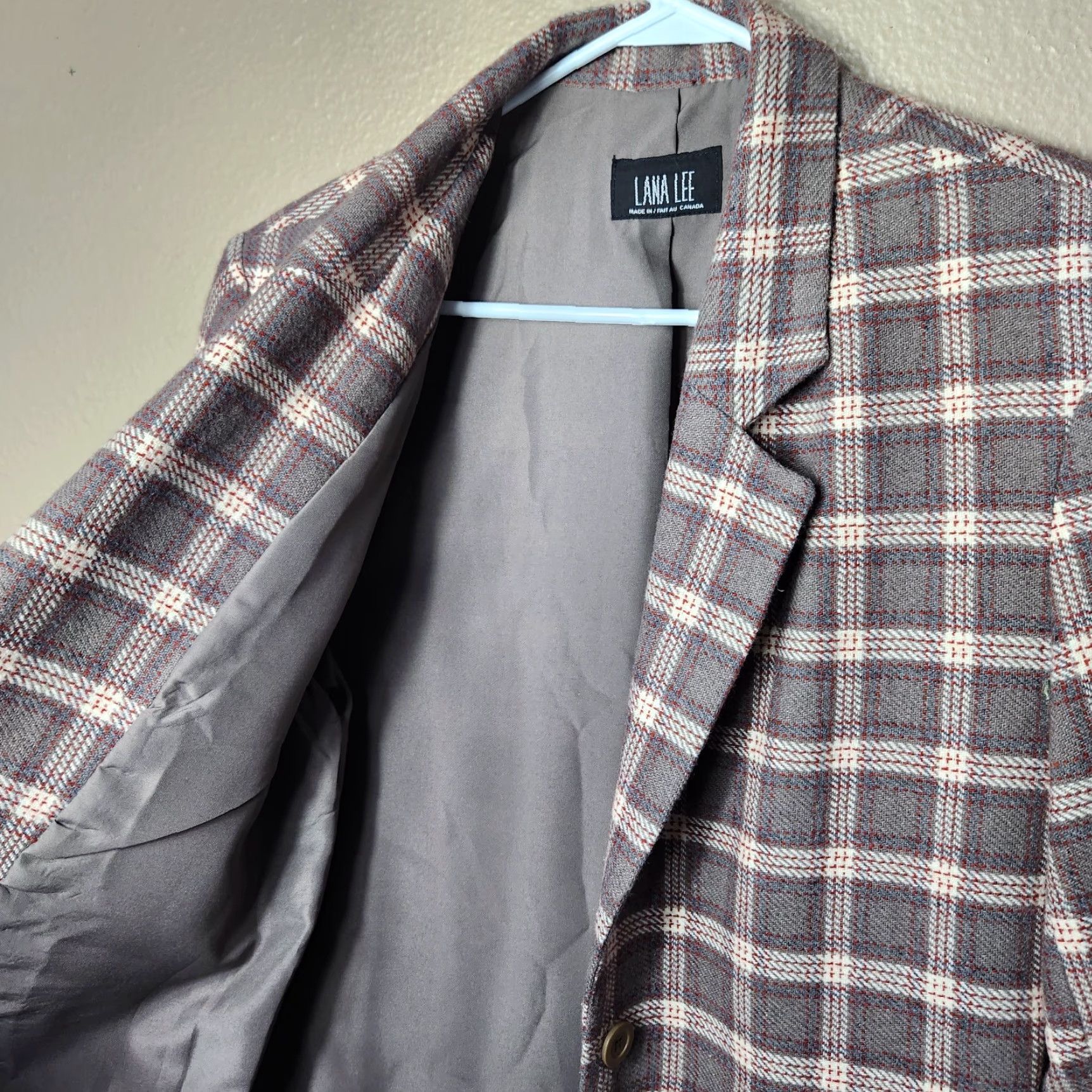 Lee VINTAGE Lana Lee Womens Blazer 2 Button Wool Blend Taupe Plaid Size 14 - Brown Academia Woman Mens? Size XL / US 12-14 / IT 48-50 - 5 Thumbnail