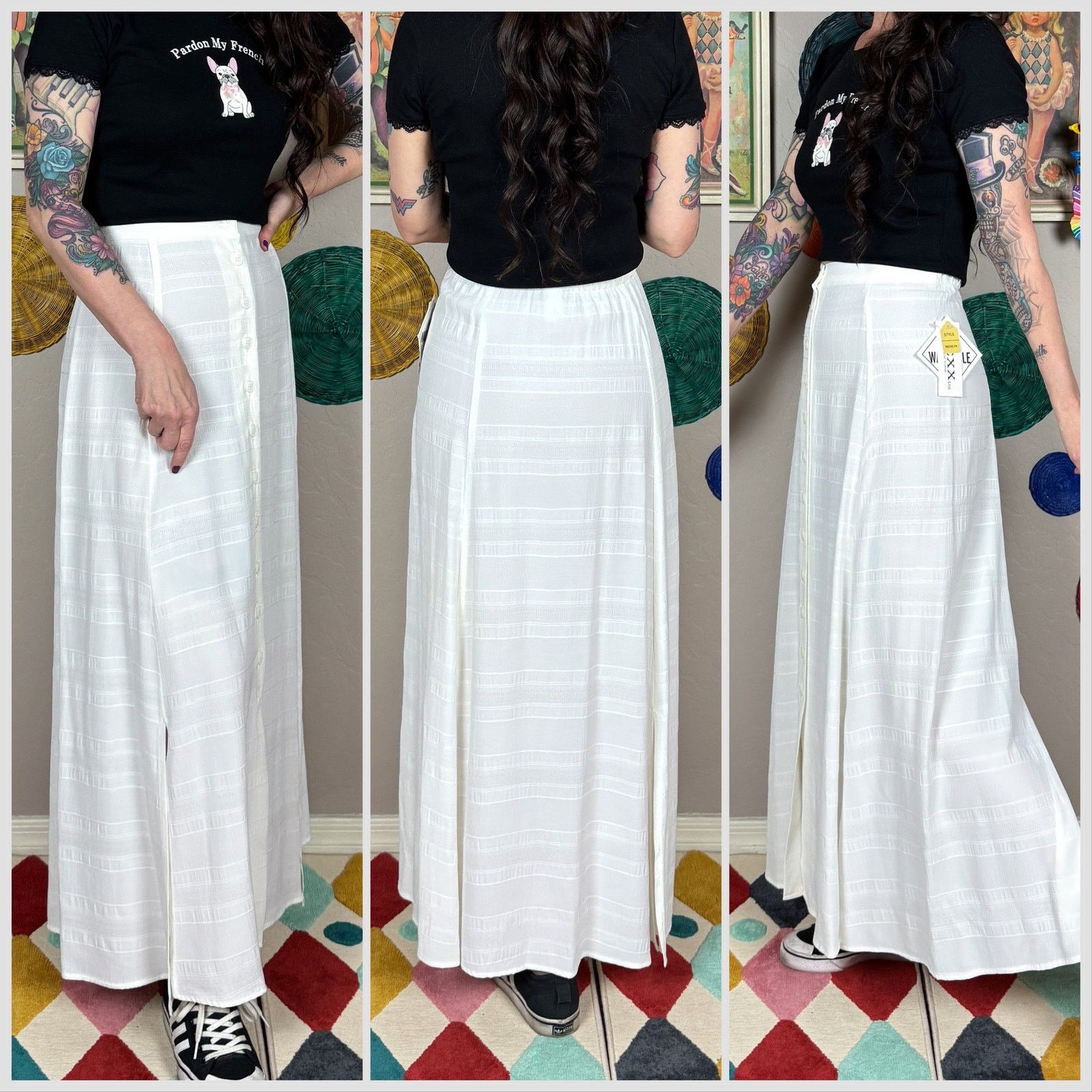 Vintage 80s Off White High Waist Button Front Maxi Skirt with Slits Size 29" - 2 Thumbnail