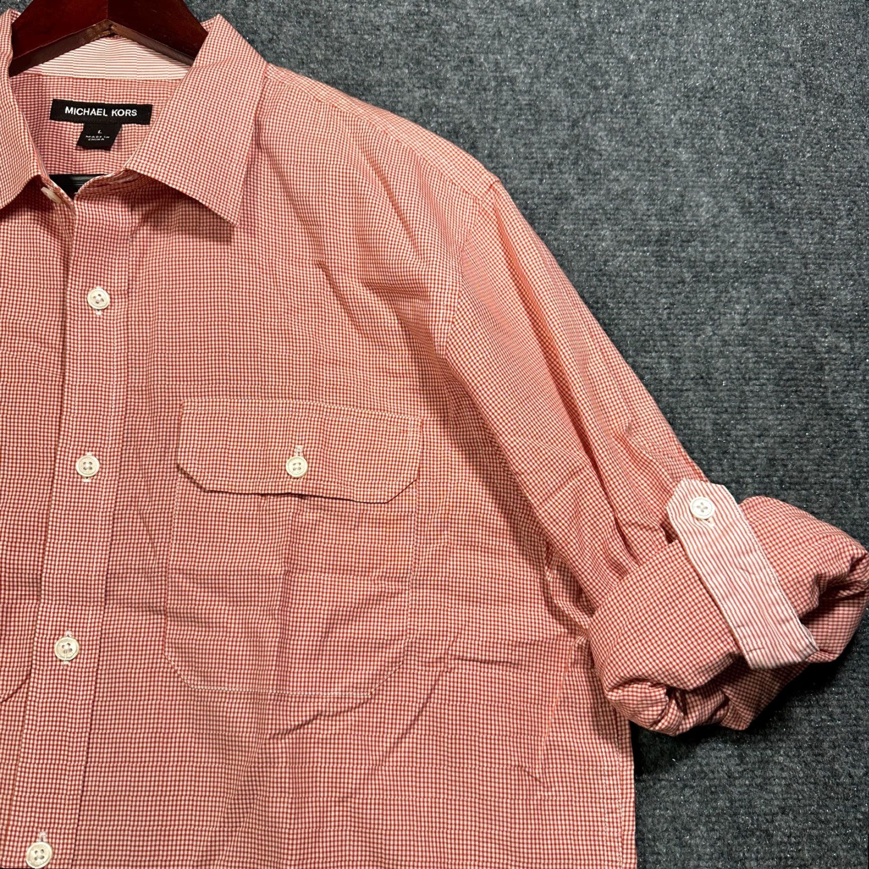 Michael Kors Michael Kors Shirt Mens Large Orange Gingham Check Cotton Roll Tab Sleeve Pocket Button-Up Cardigan? Size US L / EU 52-54 / 3 - 5 Thumbnail
