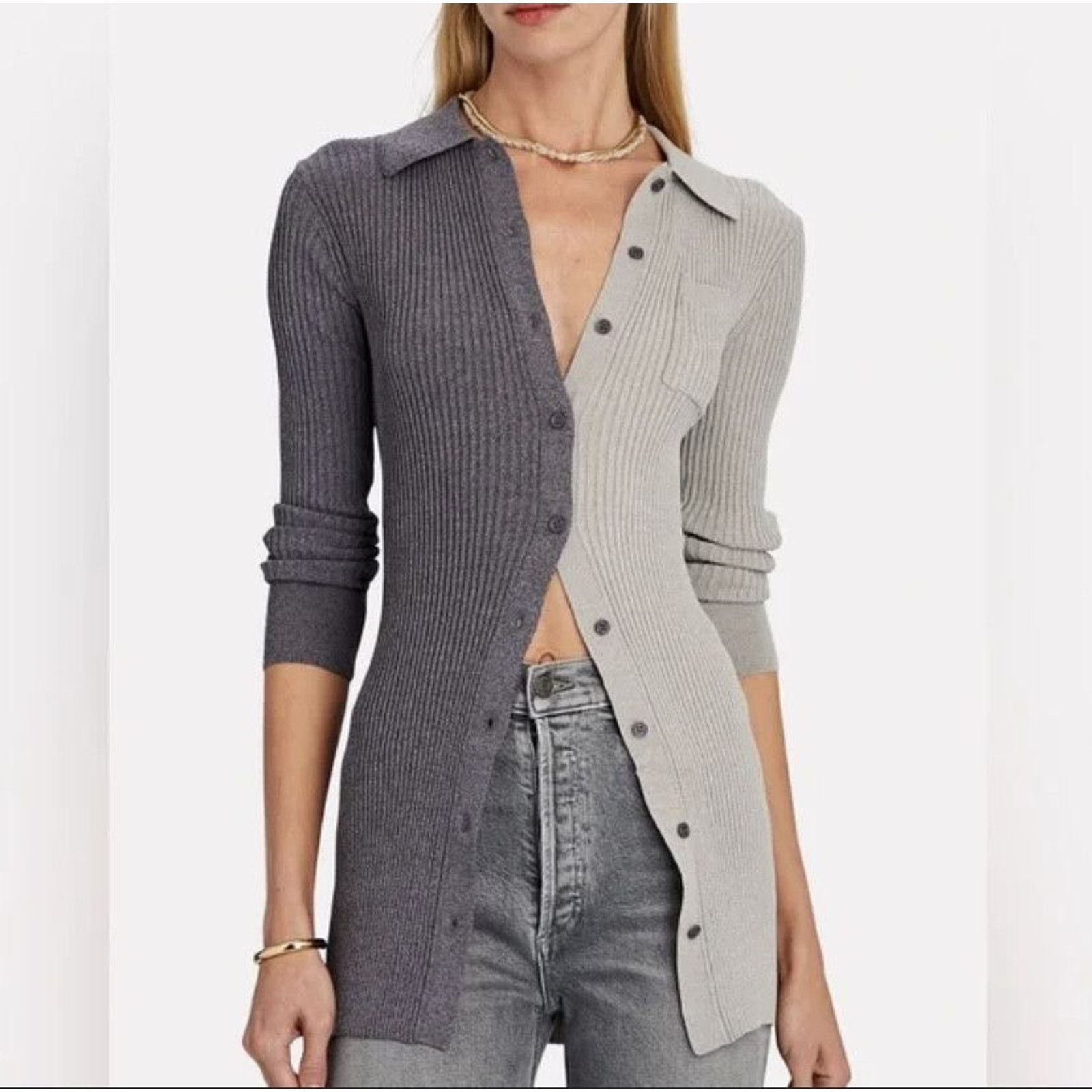 Staud Staud Milton Fama Gray Colorblock Ribbed Long Sleeve Shirt S Size S / US 4 / IT 40 - 1 Thumbnail
