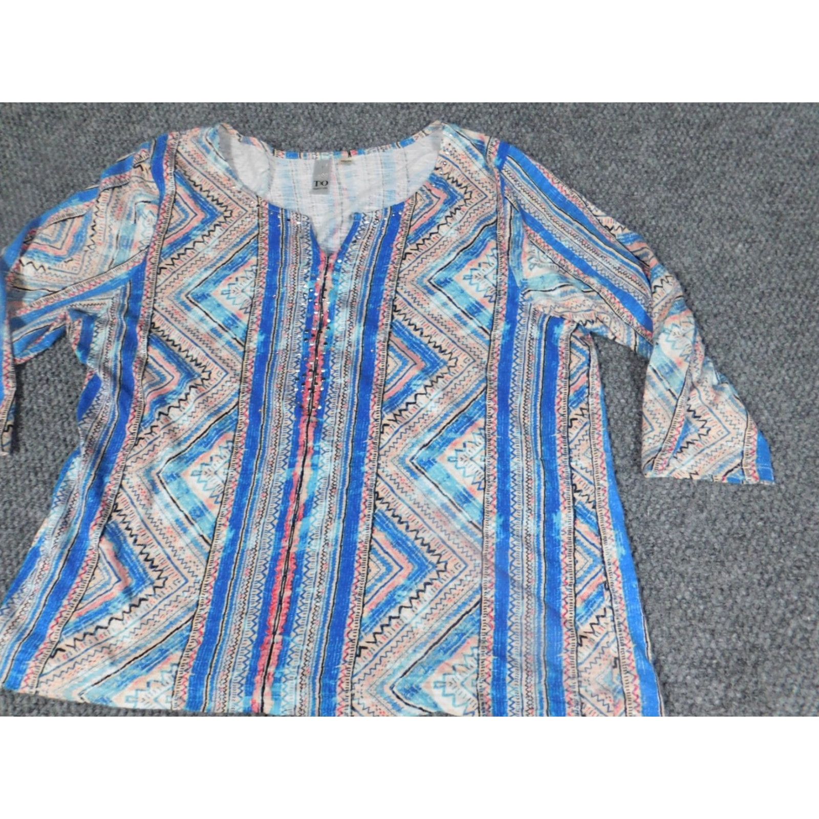 Vintage Thomas & Olivia Womens Blouse L Blue Stretch Pullover Casual 3/4 Sleeve Cap Sleeve Button Polyester Classic, Regular Fit Size L / US 10 / IT 46 - 4 Thumbnail