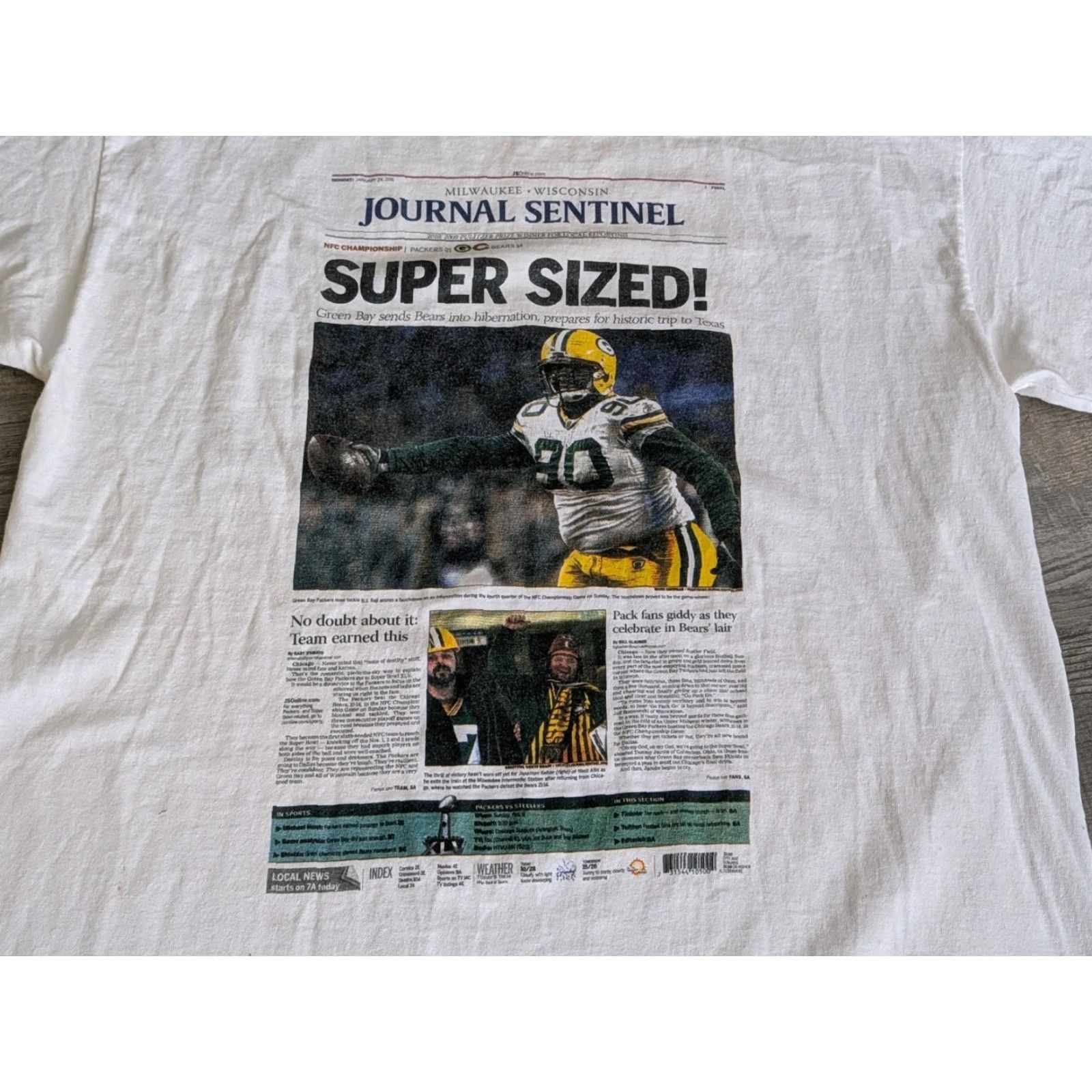 Gildan Green Bay Packers Shirt Mens Size XL White Newspaper Tee Shirt 2010 B.J. Raji Super Sized Size US XL / EU 56 / 4 - 2 Thumbnail