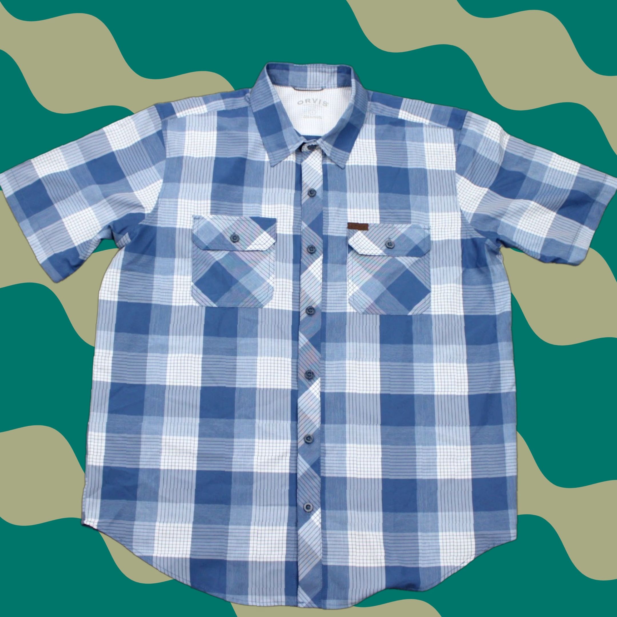 Orvis Orvis Button-Up Shirt Mens Large Blue/White Classic Collection Polyester S/S Plaid Casual Workwear Sportman Size US L / EU 52-54 / 3 - 1 Thumbnail