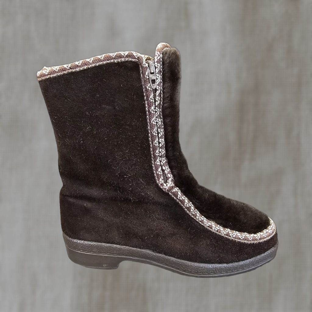 Vintage Snowland Boots Brown Suede Leather Zip Up WomenS Size 7 Bohemian Comfort Block Heel Shoes, Women's