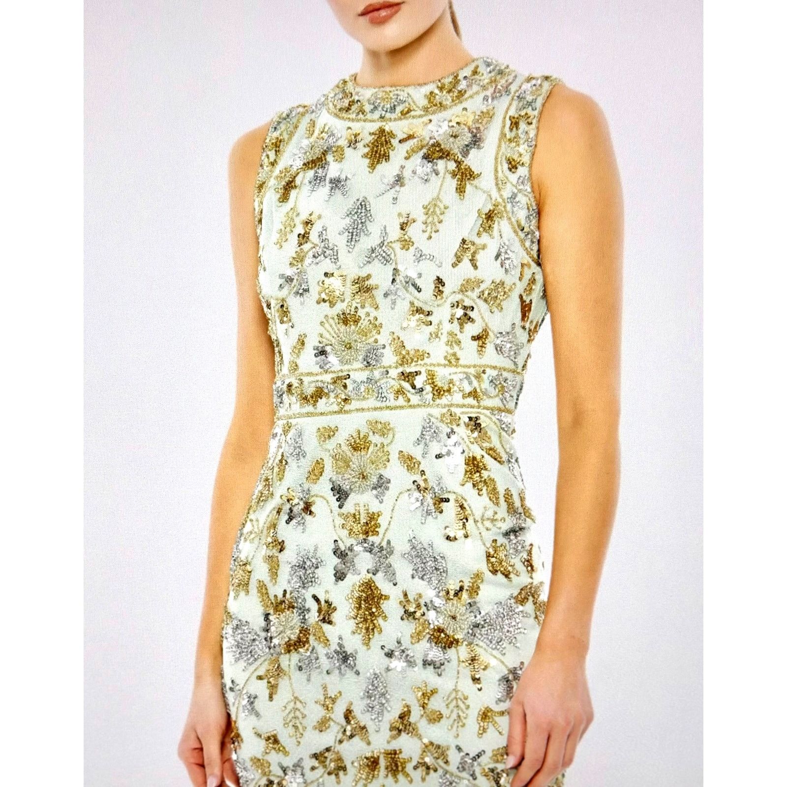 Other Mac Duggal Embellished High Neck Sheath Midi Dress Sage 14 Size XL / US 12-14 / IT 48-50 - 6 Thumbnail