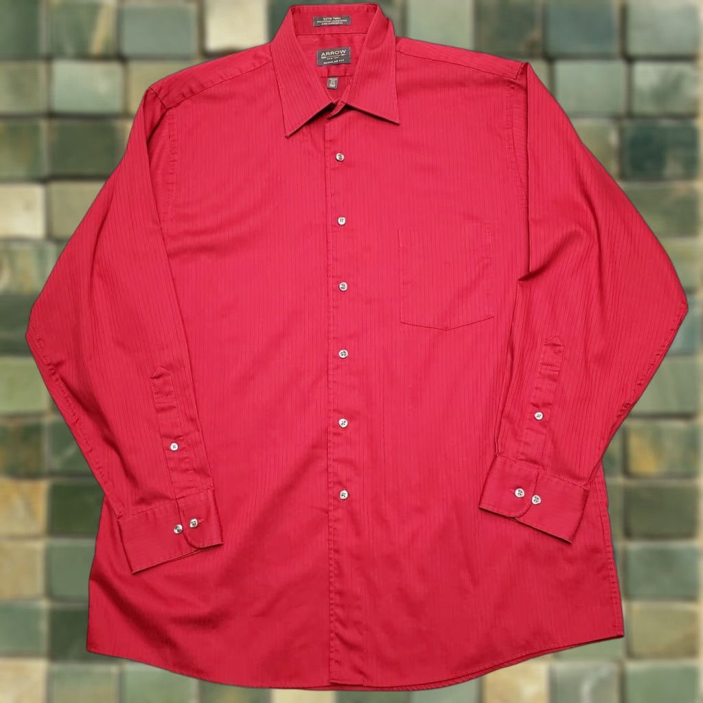 Arrow VINTAGE Arrow Shirt Mens L Red Non Iron Wrinkle Free Long Sleeve Satin Twill Button-Up Casual Classic Cotton Size US L / EU 52-54 / 3 - 1 Thumbnail