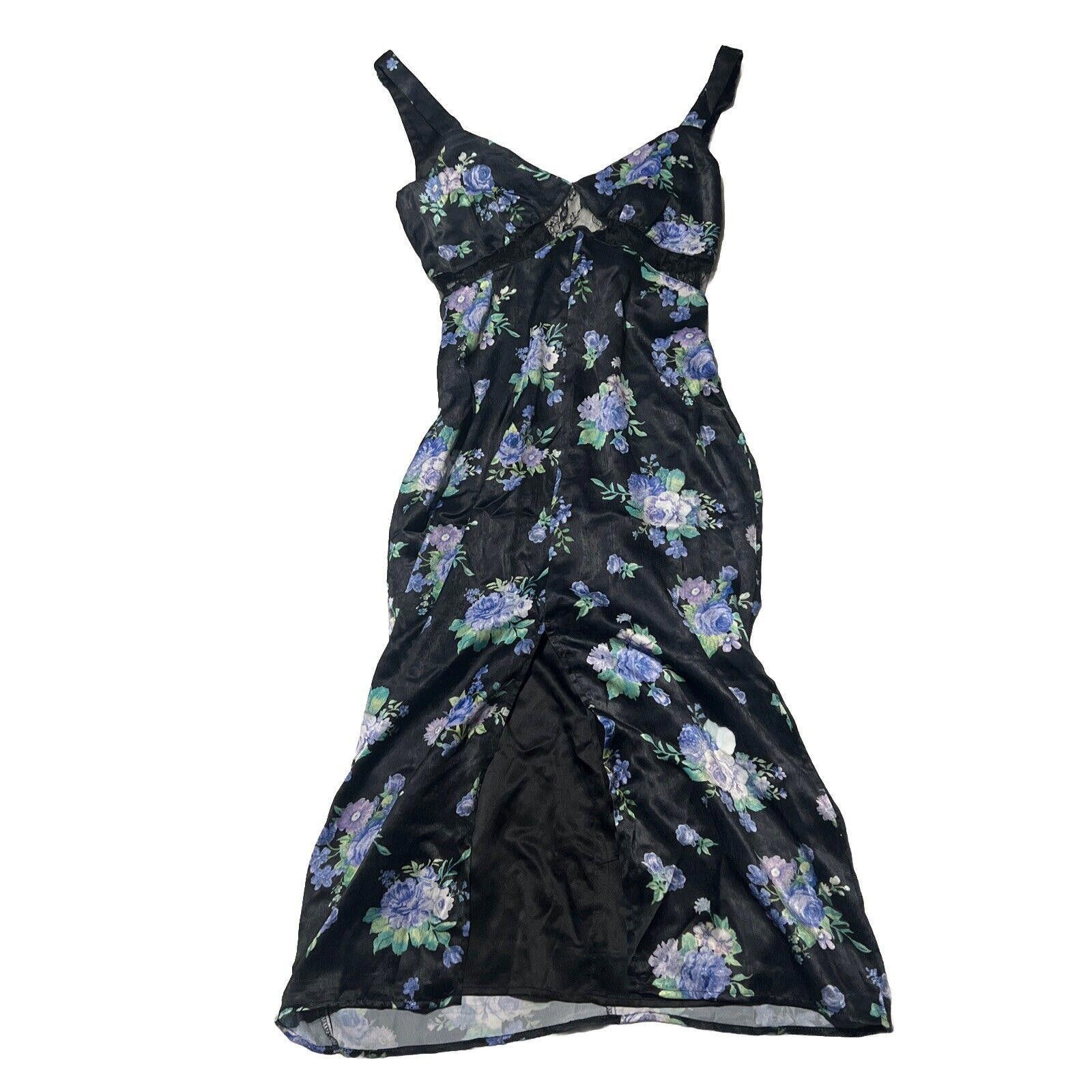 Designer S Weworewhat Satin Slip Floral Dress Blue Black Dolls Kill Size S / US 4 / IT 40 - 1 Thumbnail
