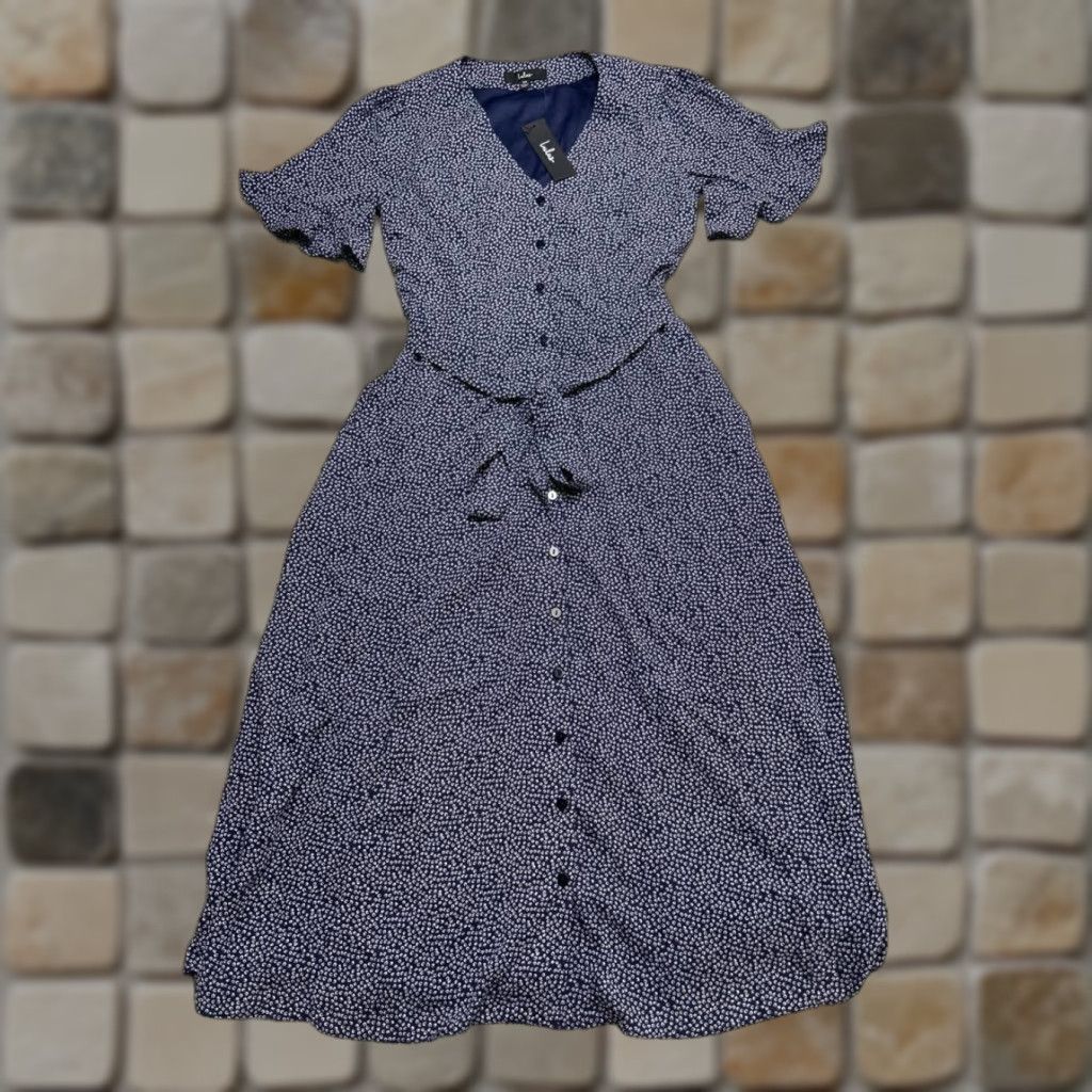 Lulus Lulus Dress XS Blue White Polka Dot Blouson Wrap Midi V-Neck Short Sleeve Party/Cocktail A-Line Ladies Womens Size XS / US 0-2 / IT 36-38 - 1 Thumbnail
