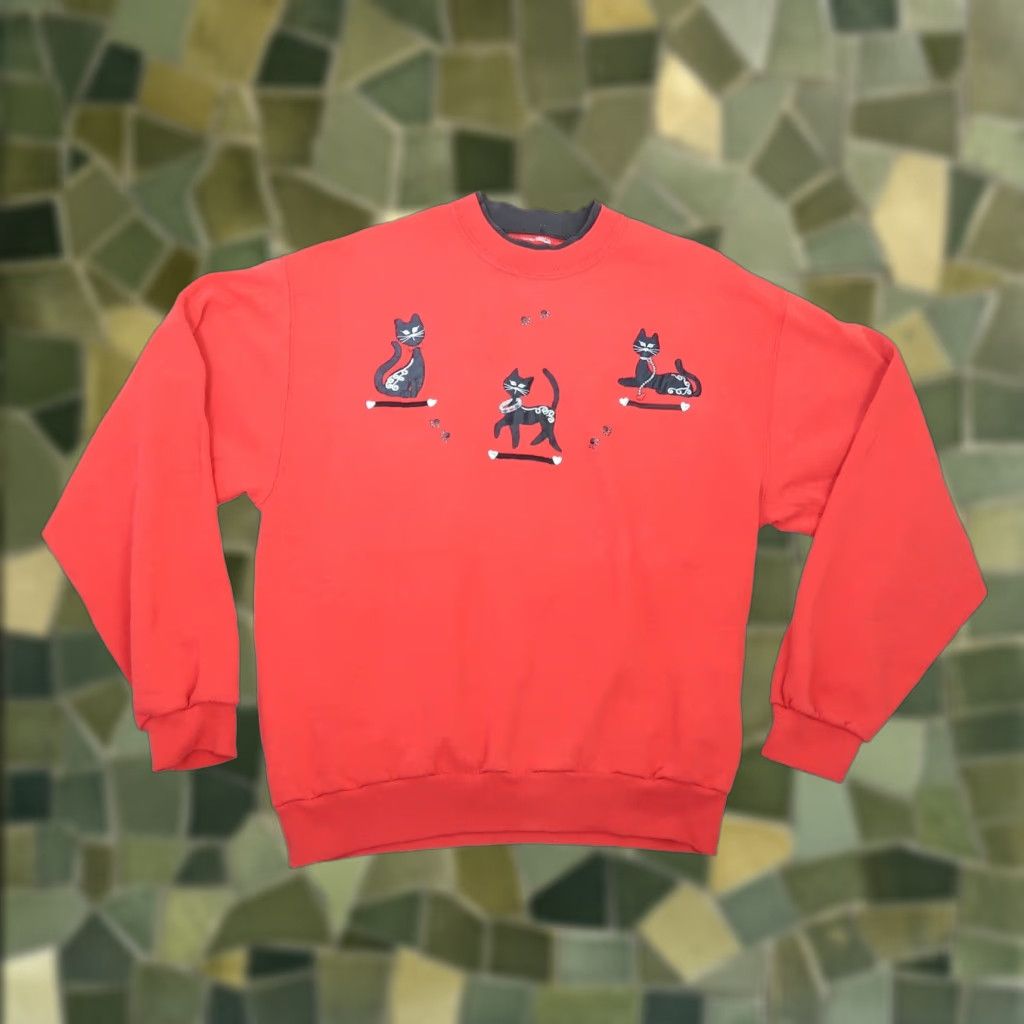 Vintage VINTAGE 90s Cat Graphic Red Black Crewneck Sweatshirt L Women Pullover Crew Neck Casual Long Sleeve Cotton Size L / US 10 / IT 46 - 1 Thumbnail