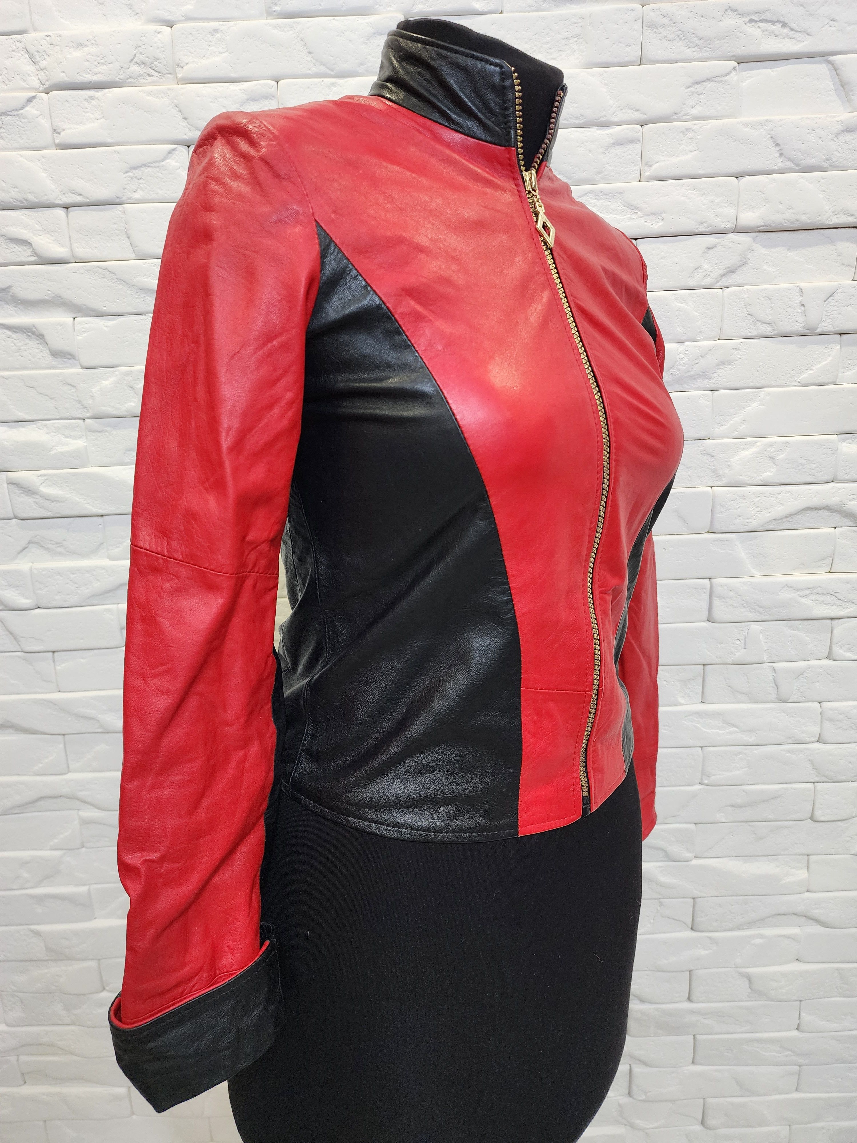 Genuine Leather Women's black leather jacket with red inserts. Size XS / US 0-2 / IT 36-38 - 2 Thumbnail