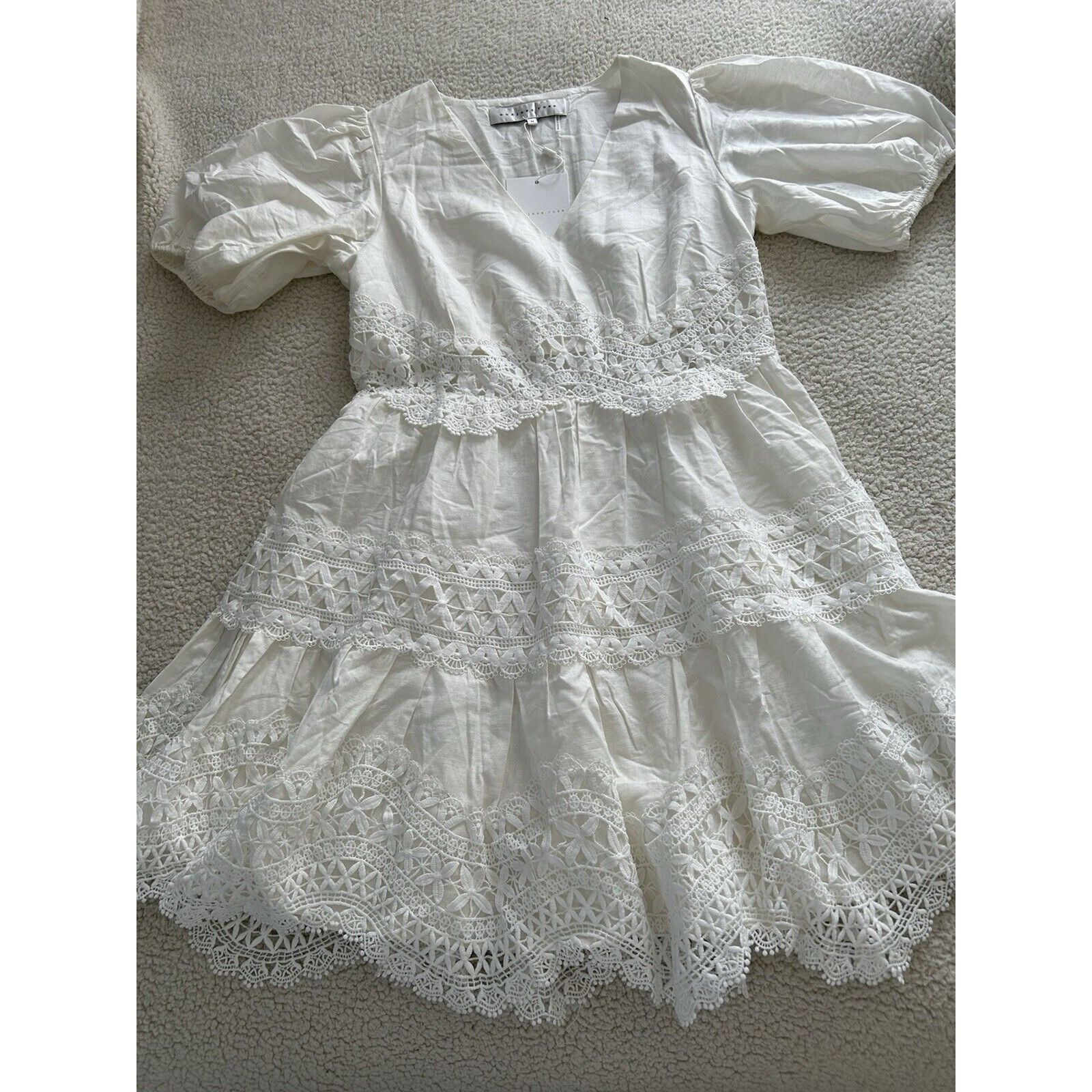 Designer ENDLESS ROSE White Puff Sleeve V-Neck Lace Trim Mini Dress S Size M / US 6-8 / IT 42-44 - 8 Thumbnail
