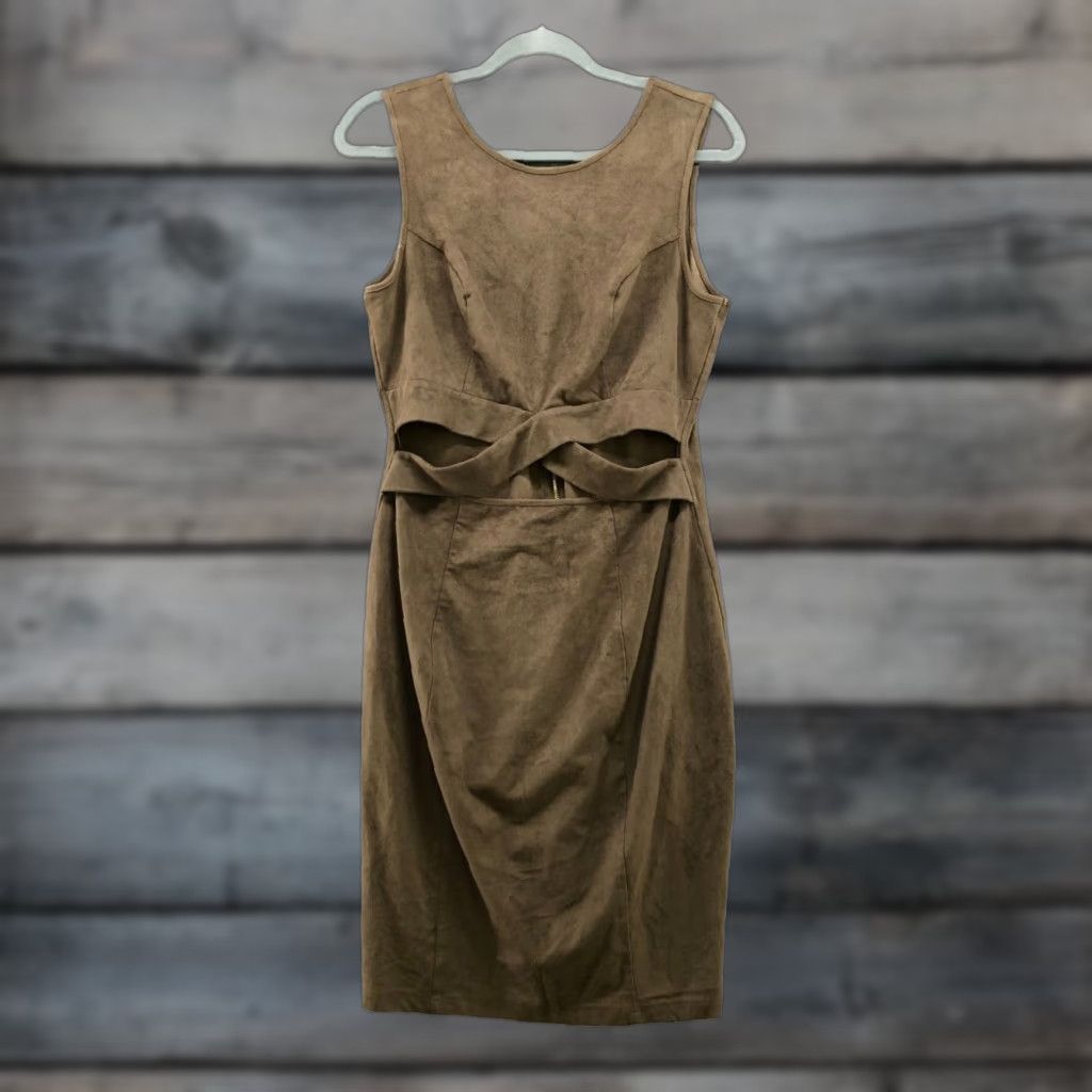 Guess Guess Dress Sleeveless Bodycon Size L Faux Suede Stretch Cutout Waist Tan Brown Size L / US 10 / IT 46 - 1 Thumbnail