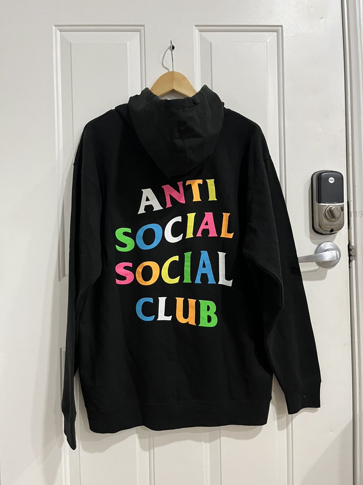 image of Assc Anti Social Social Club Multicolor Logo Graphic Hoodie in Black, Men's (Size Large)