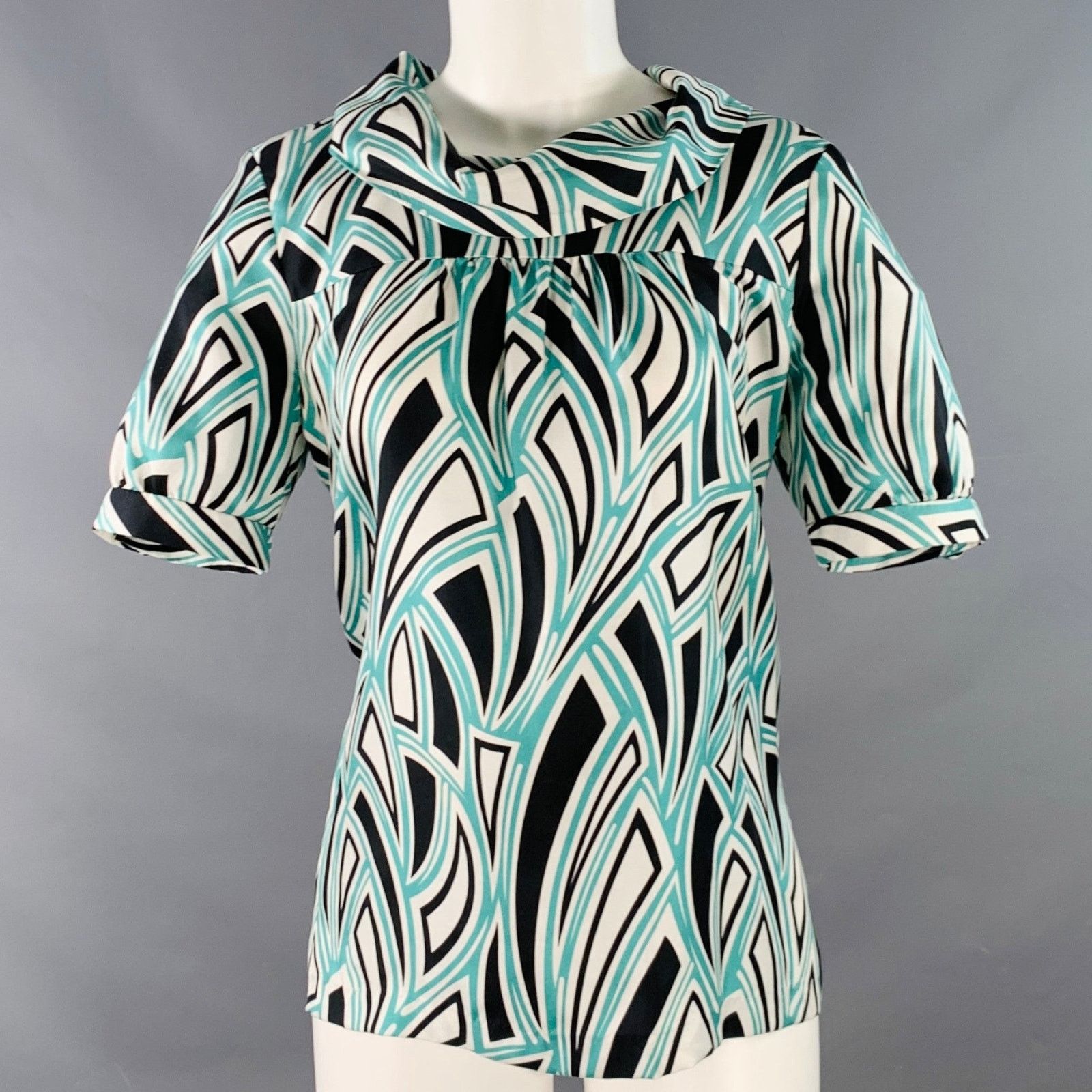 TIBI 6 Green Black White Silk Abstract Cowl Neck Dress Top