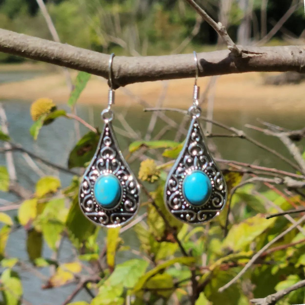Jewelry Blue Turquoise Dangle Earrings – Handmade Boho Silver Drop Size ONE SIZE - 4 Thumbnail
