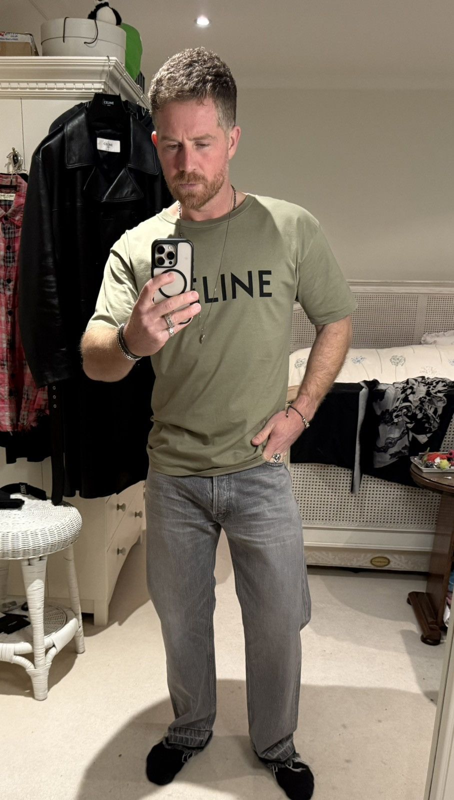 Celine Celine logo t shirt Hedi Slimane khaki green L grail Size US L / EU 52-54 / 3 - 5 Thumbnail