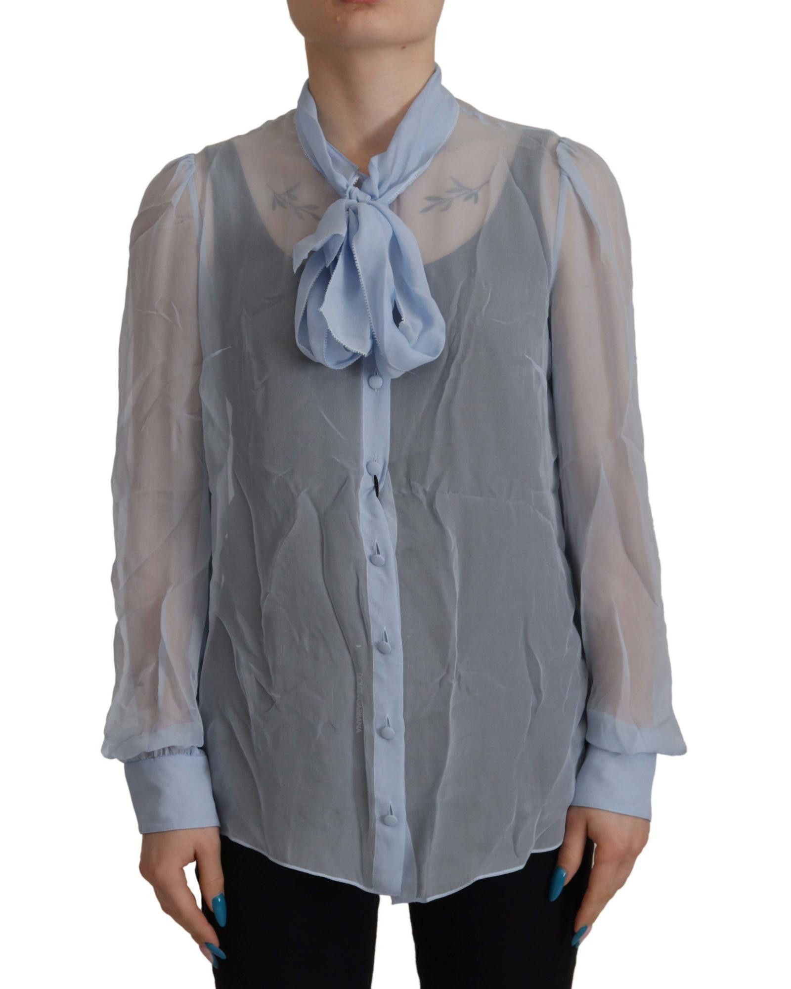 image of Dolce Gabbana Silk Ascot Collar Long Sleeves Top in Blue, Women's (Size Small)