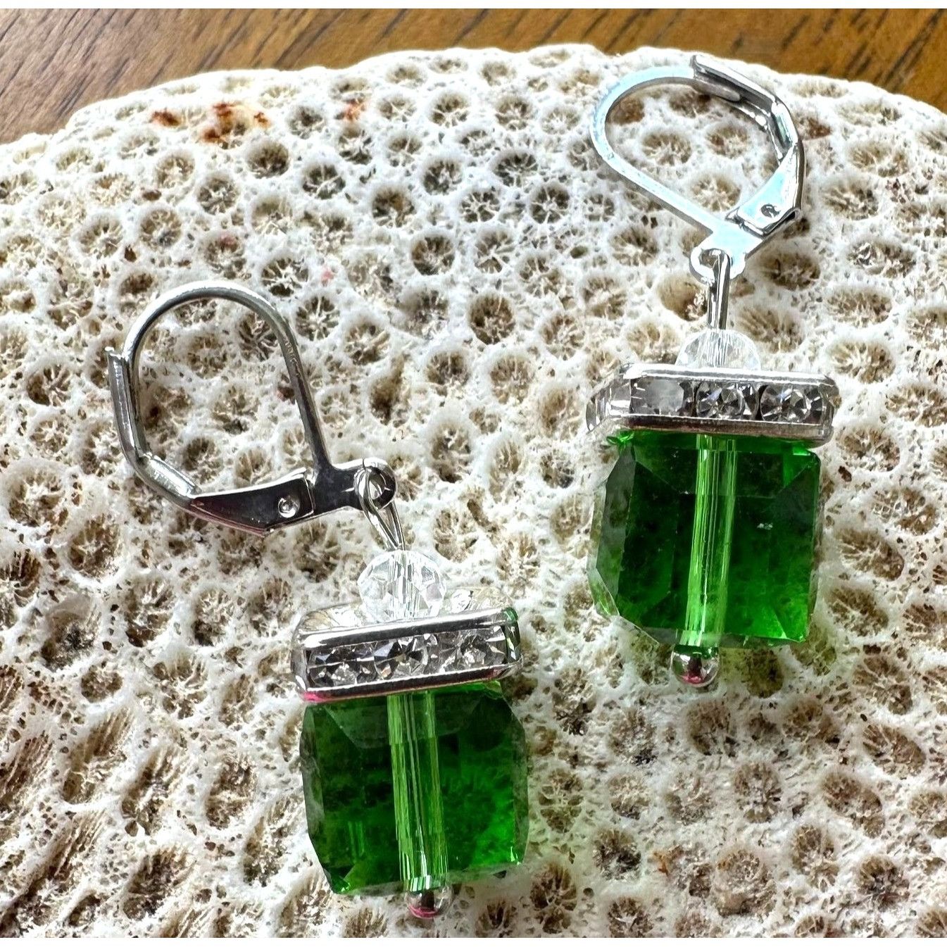 Designer × Handmade Light Emerald Earrings New Square Cube Rhinestones Wedding B Size ONE SIZE - 7 Thumbnail