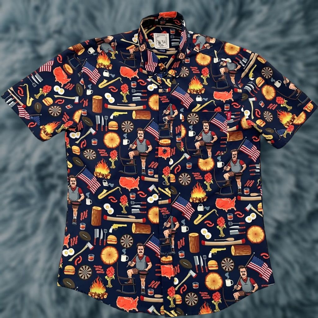 VINTAGE RSVLTS Shirt City Of Pawnee Ron Swanson All Over Print Cartoon Button-Up Adult Large Blue Mens