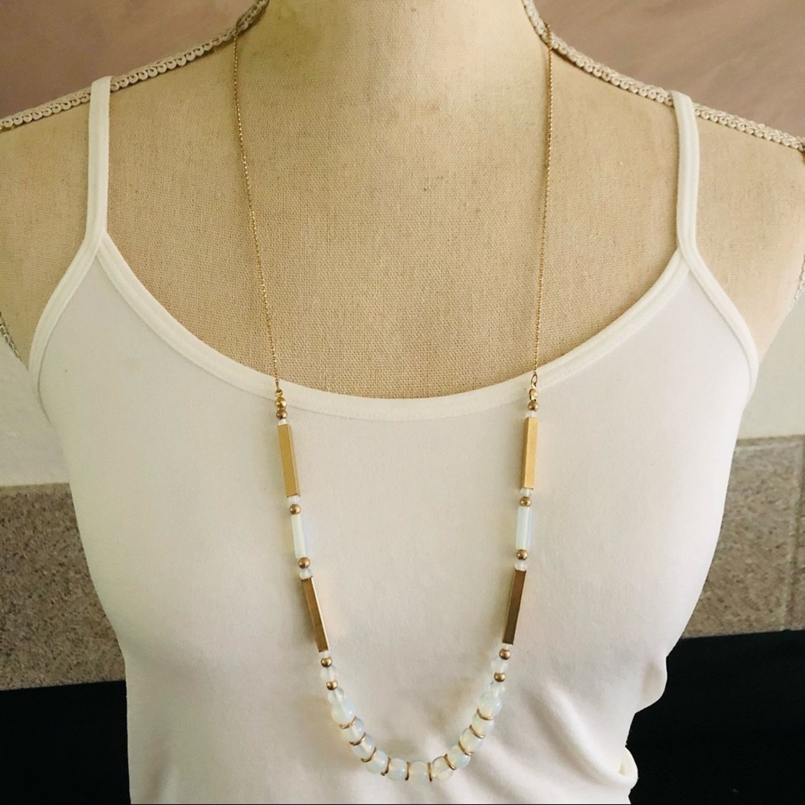 Jewelry Elegant opalescent bead gold bar long length necklace Size ONE SIZE - 1 Thumbnail