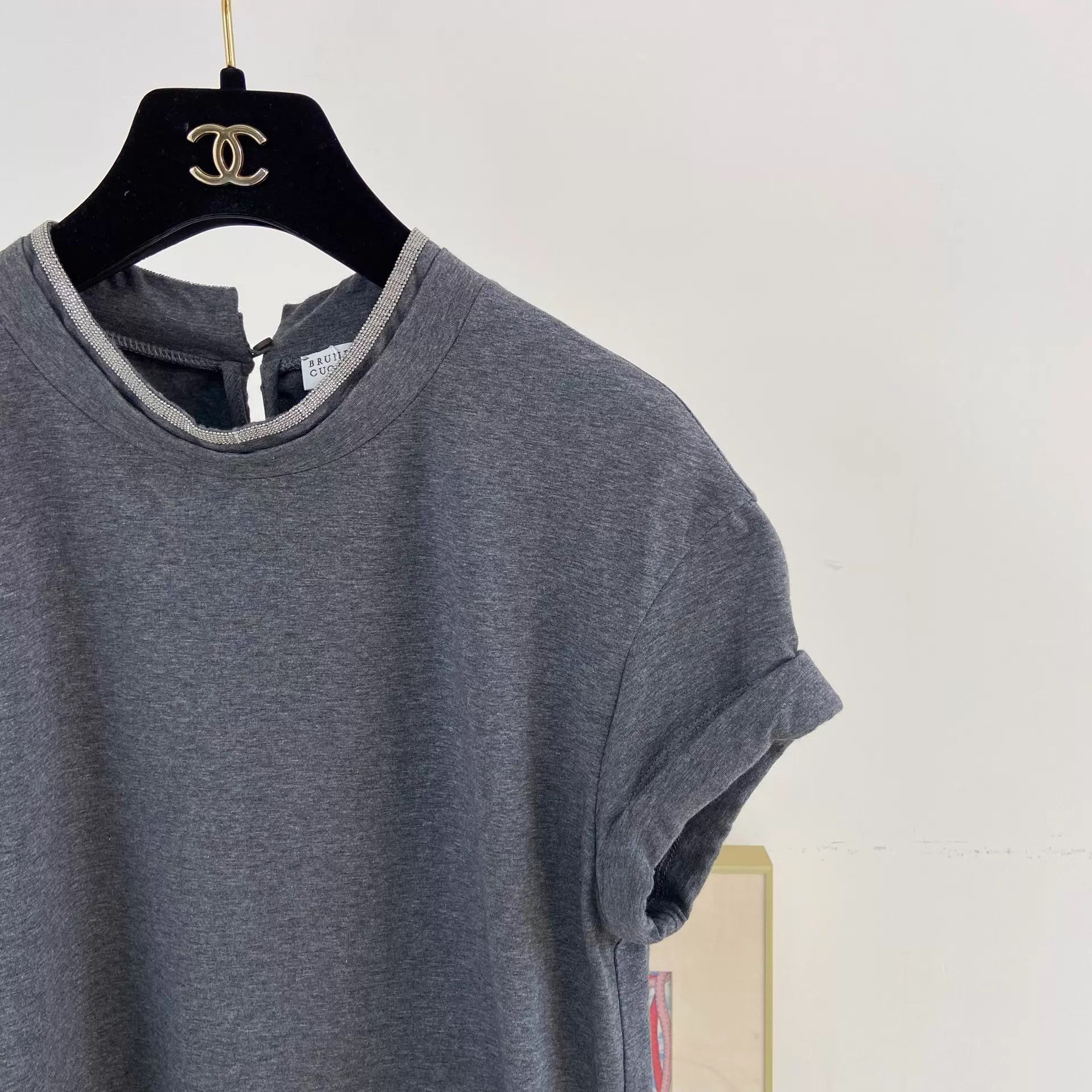 Brunello Cucinelli BC Deep Gray Beaded T-shirt XS Size XS / US 0-2 / IT 36-38 - 3 Thumbnail