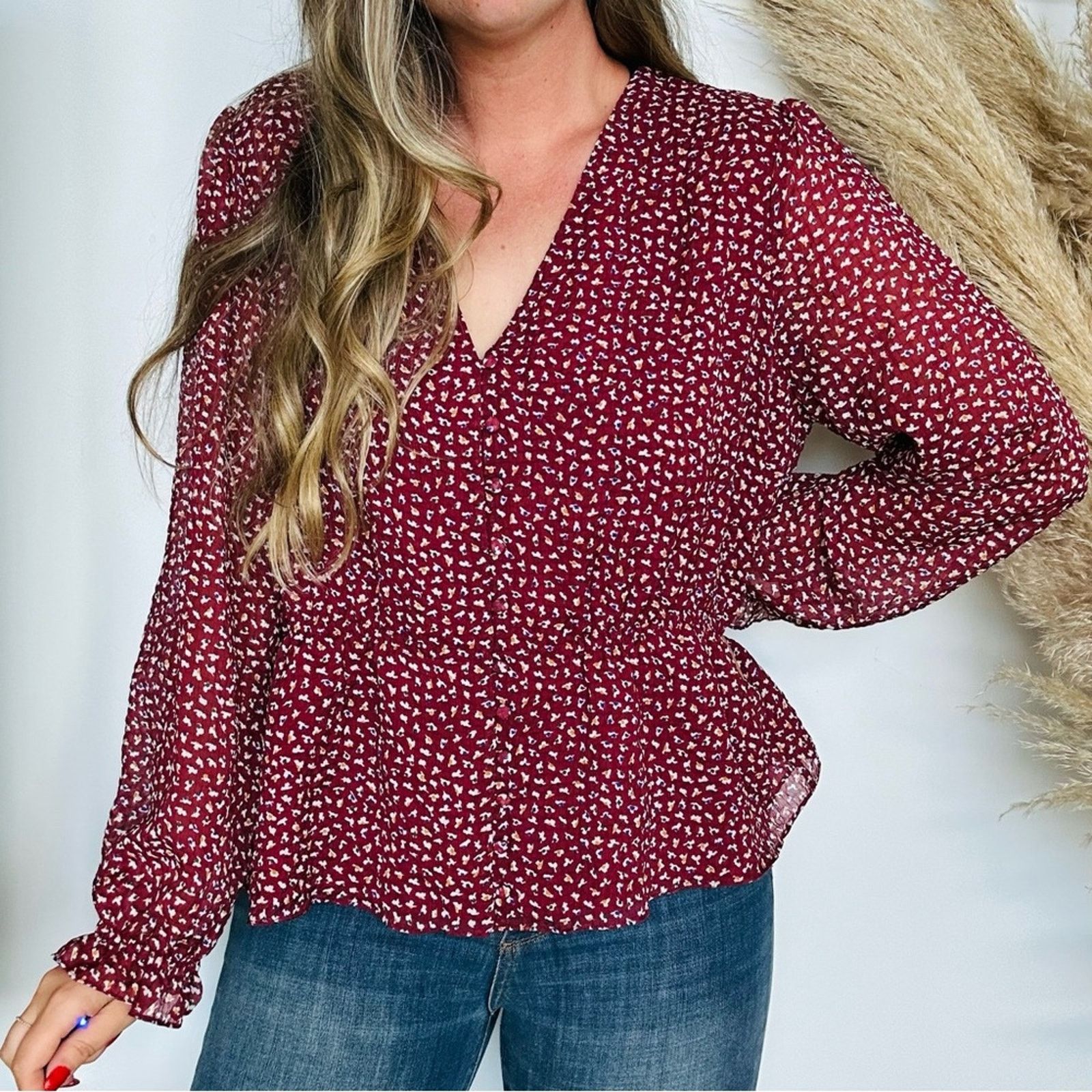 MADEWELL Red Burgundy Floral Peplum Ruffle Blouse Top Shirt