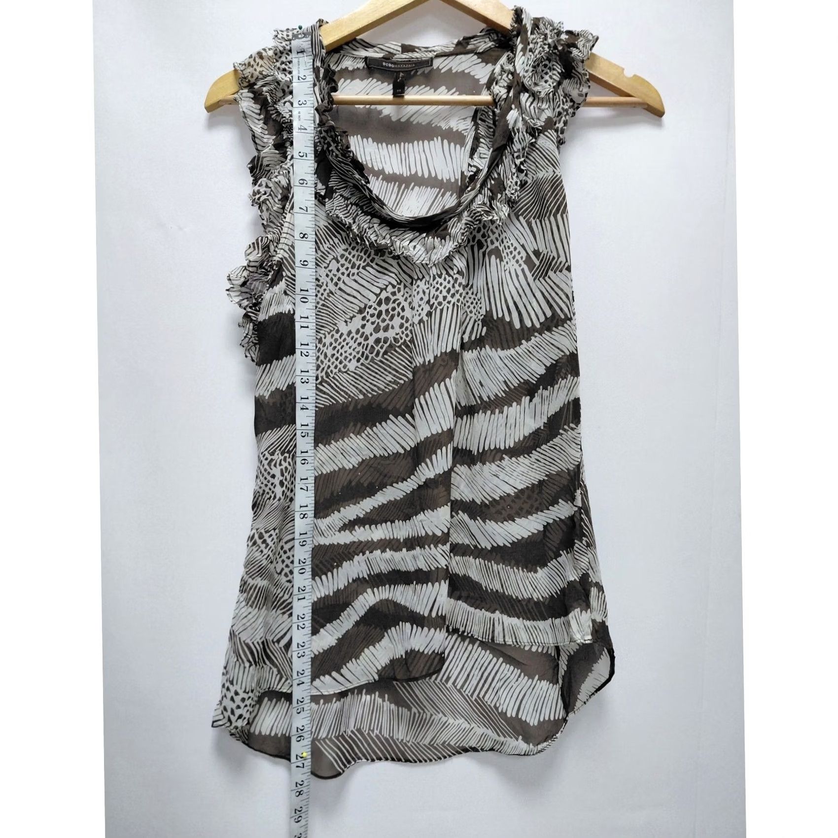 Bcbgmaxazria BCBGMAXAZRIA Blouse Sleeveless Abstract Animal Print Ruffle Trim Taupe XS Womens Top | High-Low Hem Semi-Sheer Lightweight Camisole Shirt Size XS / US 0-2 / IT 36-38 - 6 Thumbnail