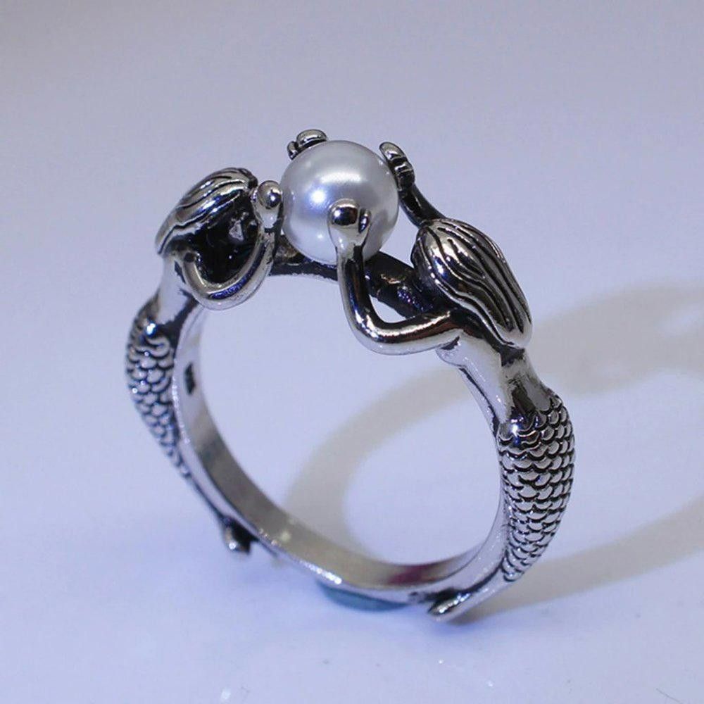 Designer Retro Mermaid Freshwater Pearl Antique Silver Ring - Size 7 Size ONE SIZE - 5 Thumbnail