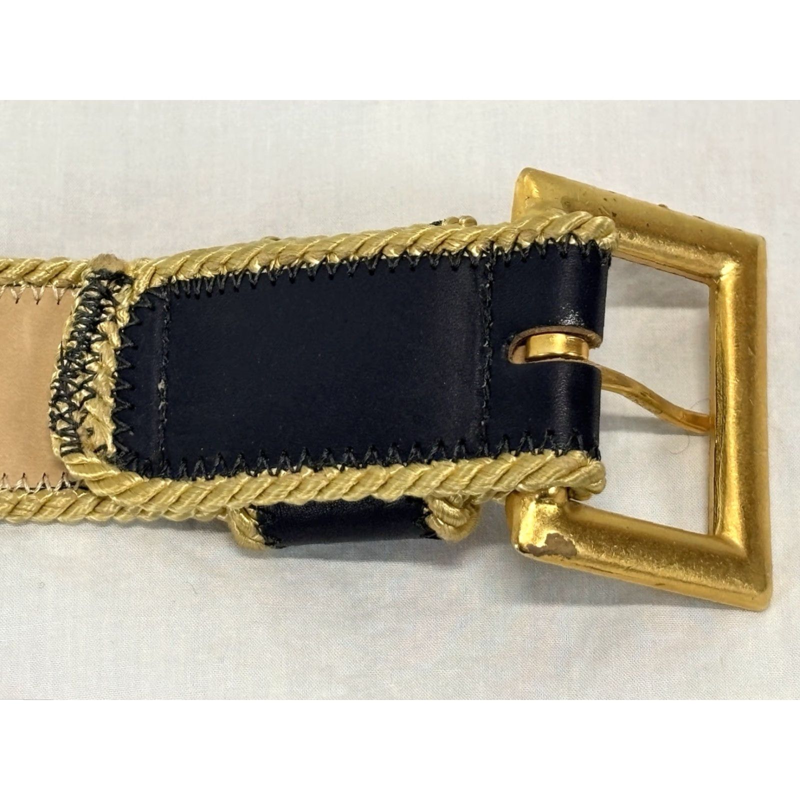 Vintage VINTAGE Joan & David Too Belt Navy Calfskin Leather Regular M 1.5” Gold Cord Trim Military 80s Womens Blue Size ONE SIZE - 4 Thumbnail