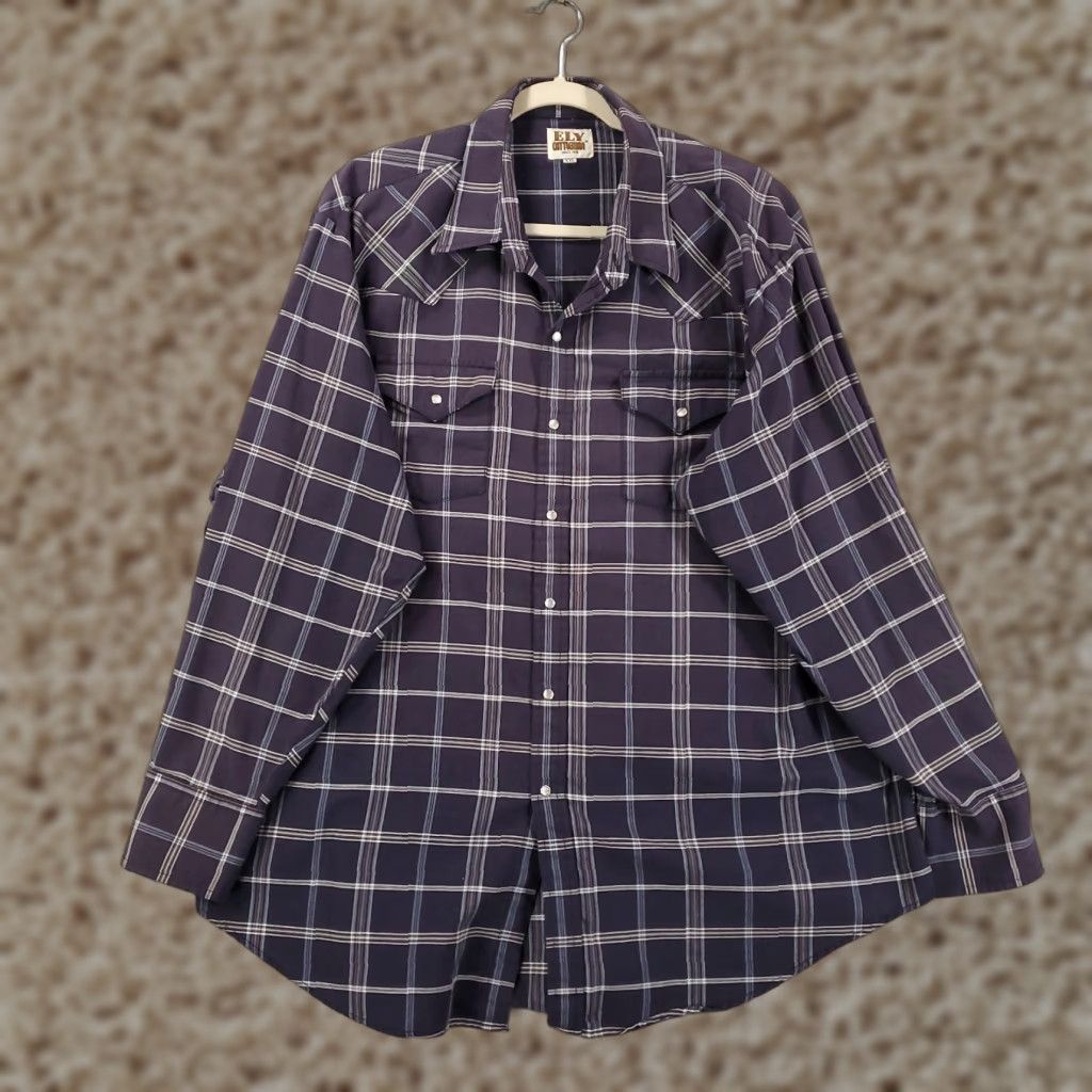 Vintage Ely Cattleman Pearl Snap Mens XXL Navy Plaid Snap Rodeo Western Long Sleeve 2XL Size US XXL / EU 58 / 5 - 1 Thumbnail
