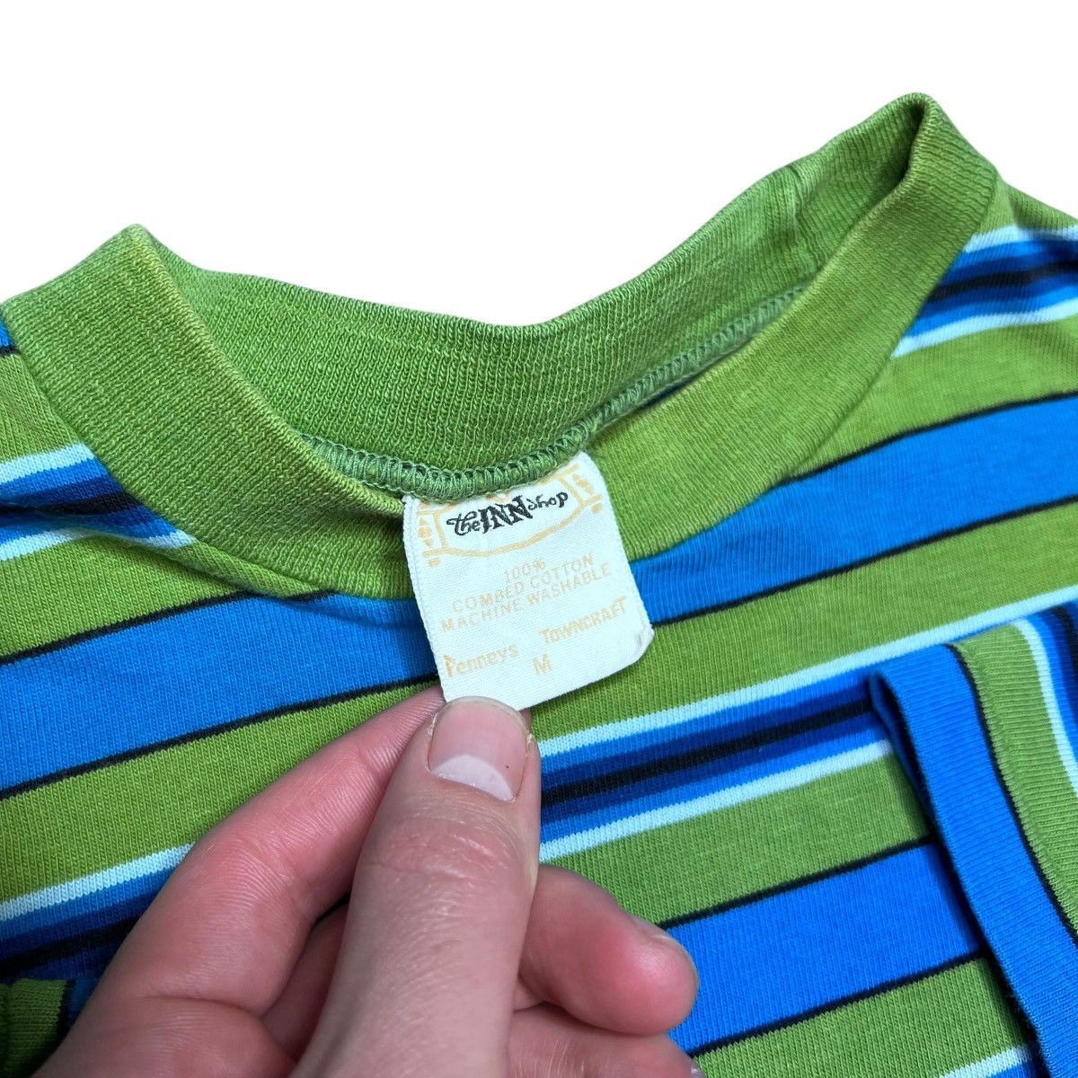 Vintage 1970s Penneys Towncraft The Inn Shop Green Blue Stripped Tee Size US M / EU 48-50 / 2 - 3 Thumbnail