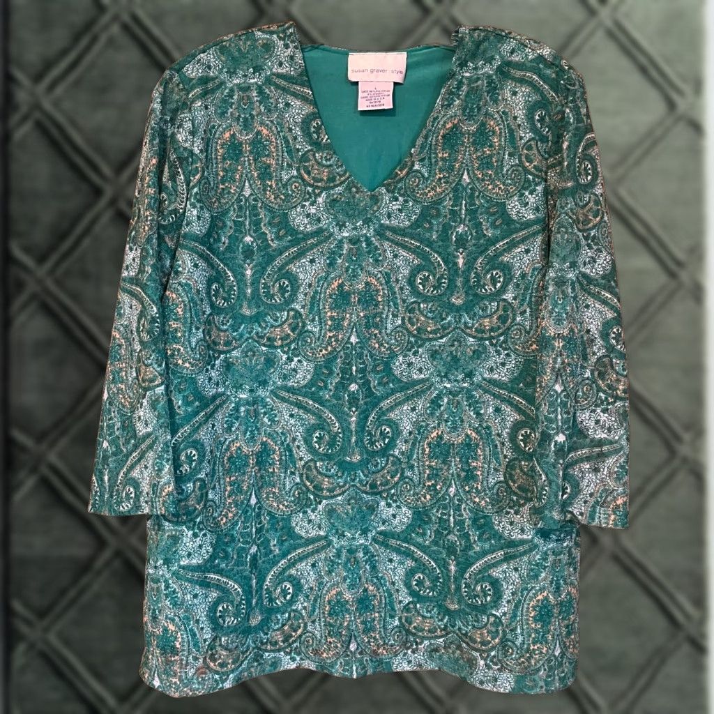 Vintage Susan Graver Style Tunic Top Womens Lace Green Paisley Bohemian Shirt Versatile Adult Regular Sleeve 3/4 Casual/Office Shoes Size L / US 10 / IT 46 - 1 Thumbnail