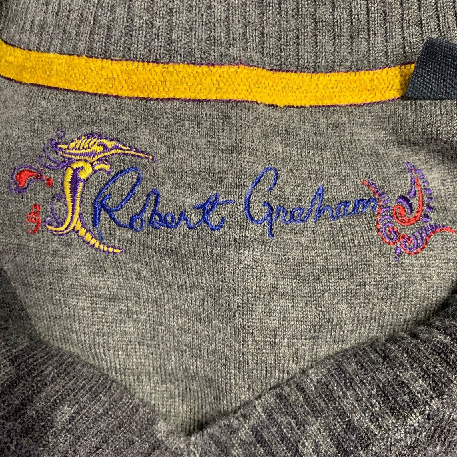 Robert Graham Size L Grey Charcoal Paisley Wool Cashmere V-Neck Pullover Size US L / EU 52-54 / 3 - 4 Thumbnail