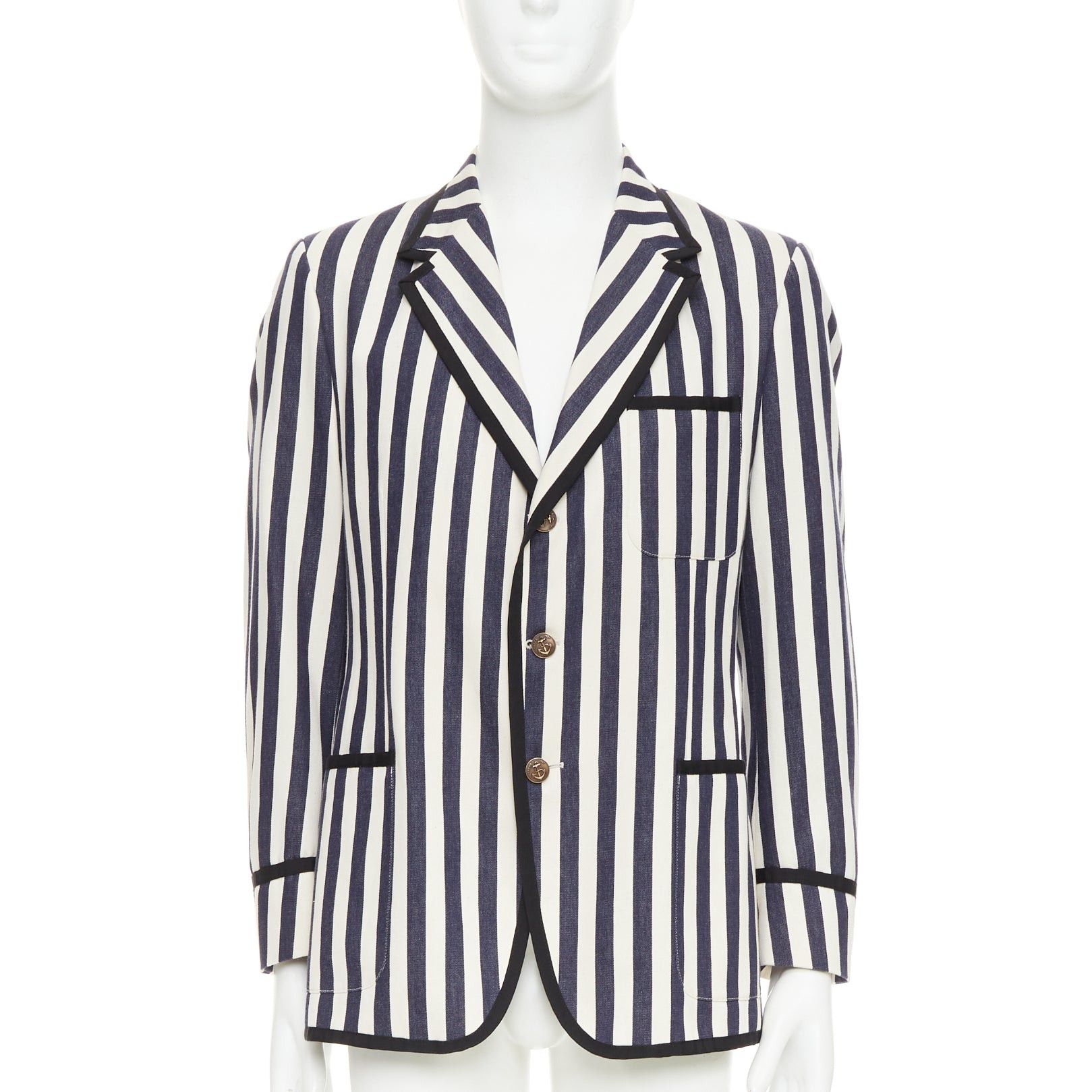 Gucci GUCCI navy cream cotton anchor buttons striped nautical blazer IT52 XL Size 52R - 1 Thumbnail