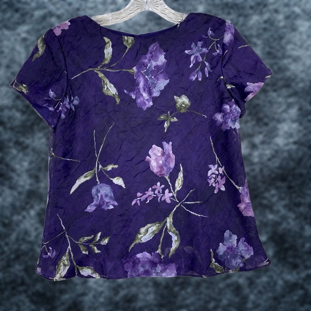 Vintage VINTAGE Jessica Howard Blouse Shirt Purple Floral Print Lined Short Sleeve Round Neck 90s Flower Womens Size L / US 10 / IT 46 - 1 Thumbnail