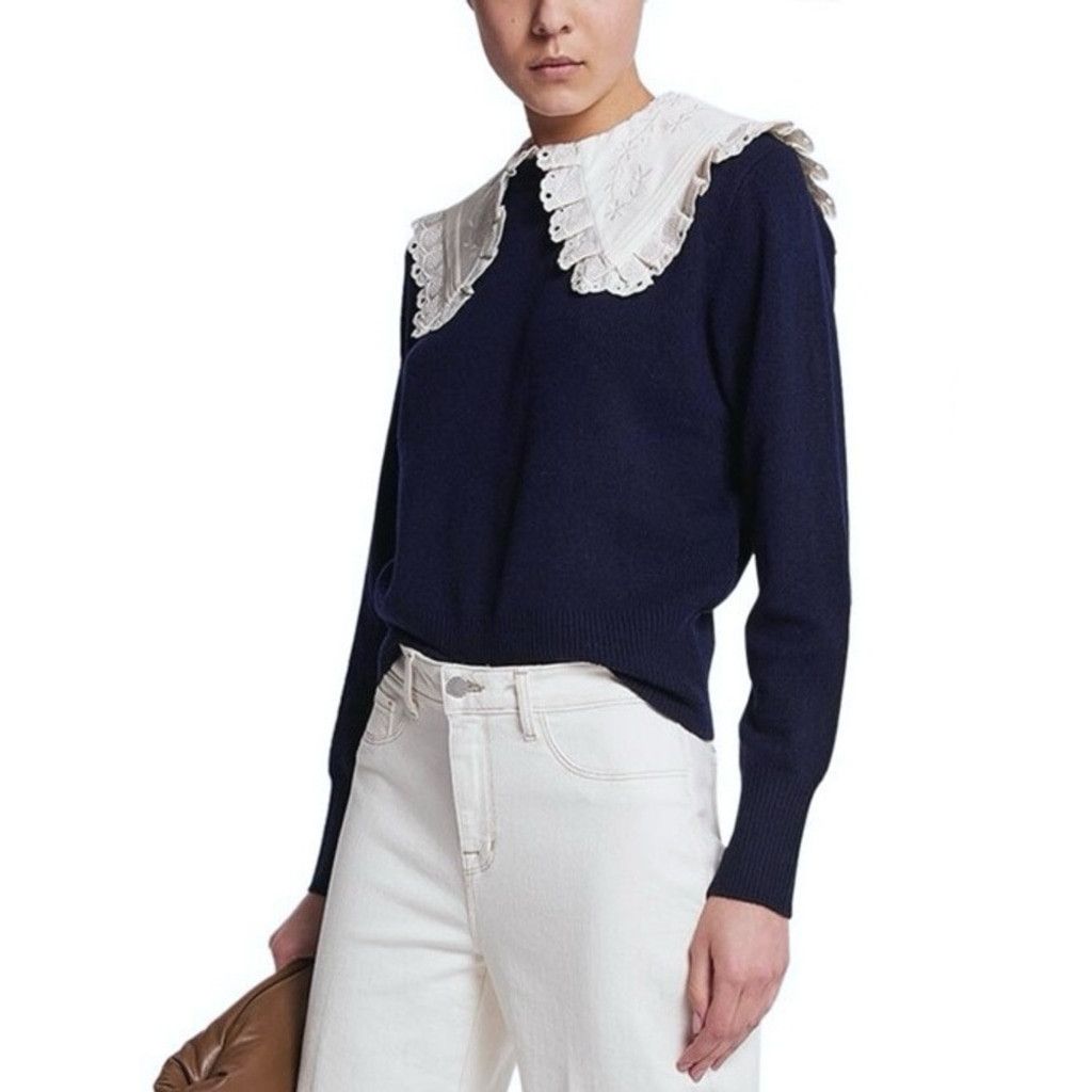 Sandro Sandro Sivane Navy Wool Pilgrim Collar Sweater Size 2(S) Size S / US 4 / IT 40 - 1 Thumbnail