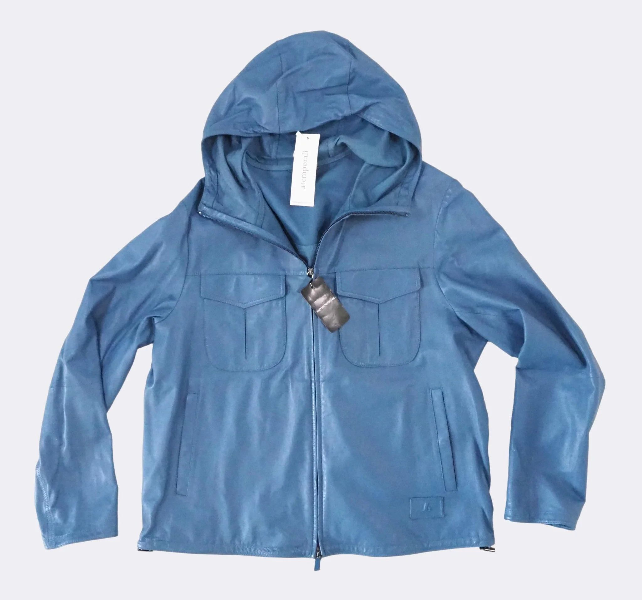 Emporio Armani Light Blue Hooded Zip-Front Leather Jacket $1175 Size US L / EU 52-54 / 3 - 11 Thumbnail