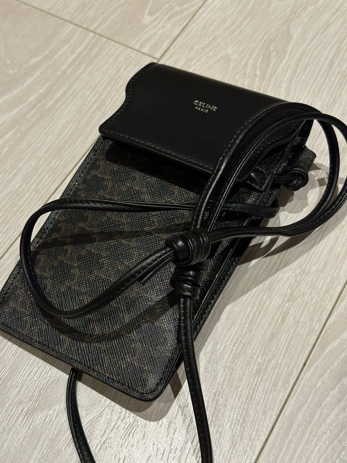 Celine × Hedi Slimane PHONE POUCH WITH FLAP IN TRIOMPHE CANVAS AND LAMBSKIN Size ONE SIZE - 1 Thumbnail