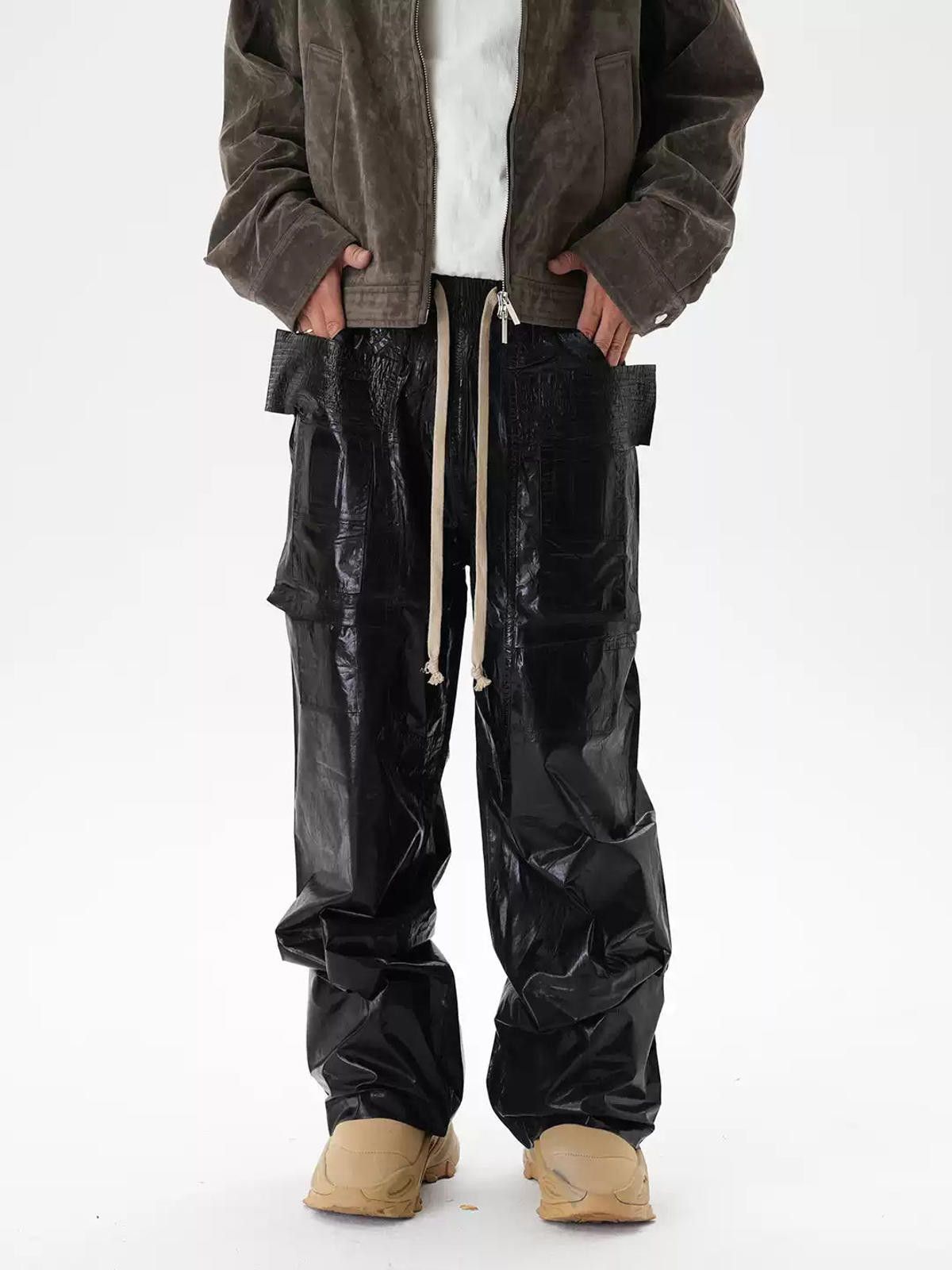Japanese Brand Black Glossy Leather Multi Pocket Cargo Pants Size US 30 / EU 46 - 2 Thumbnail