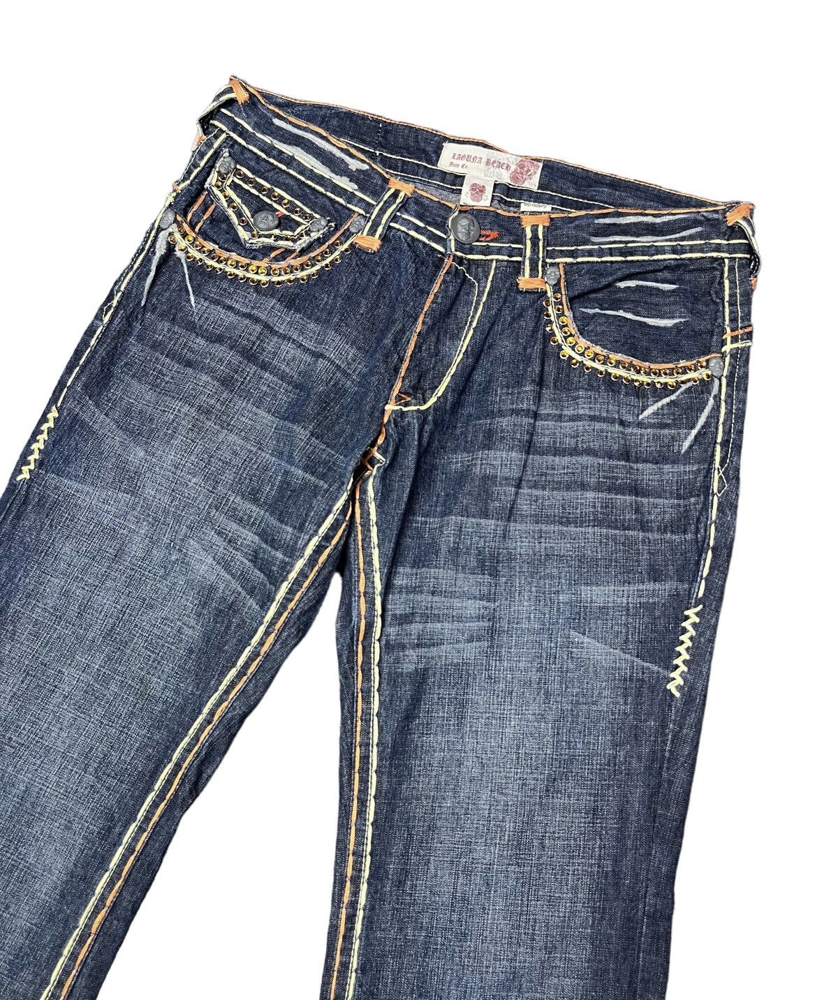 Vintage LAGUNA BEACH Big Stitch Gemstone Studded Skull Button Denim Size US 35 - 8 Thumbnail