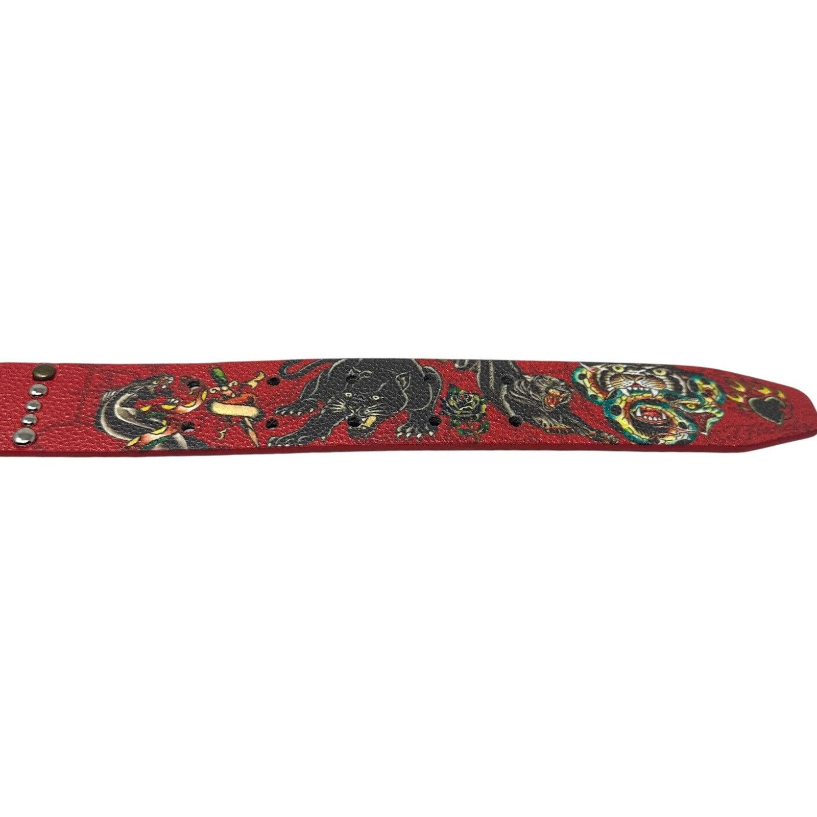 Ed Hardy Ed Hardy Men's Panther Print Red Belt With Rivet Studs Size 38 - 8 Thumbnail
