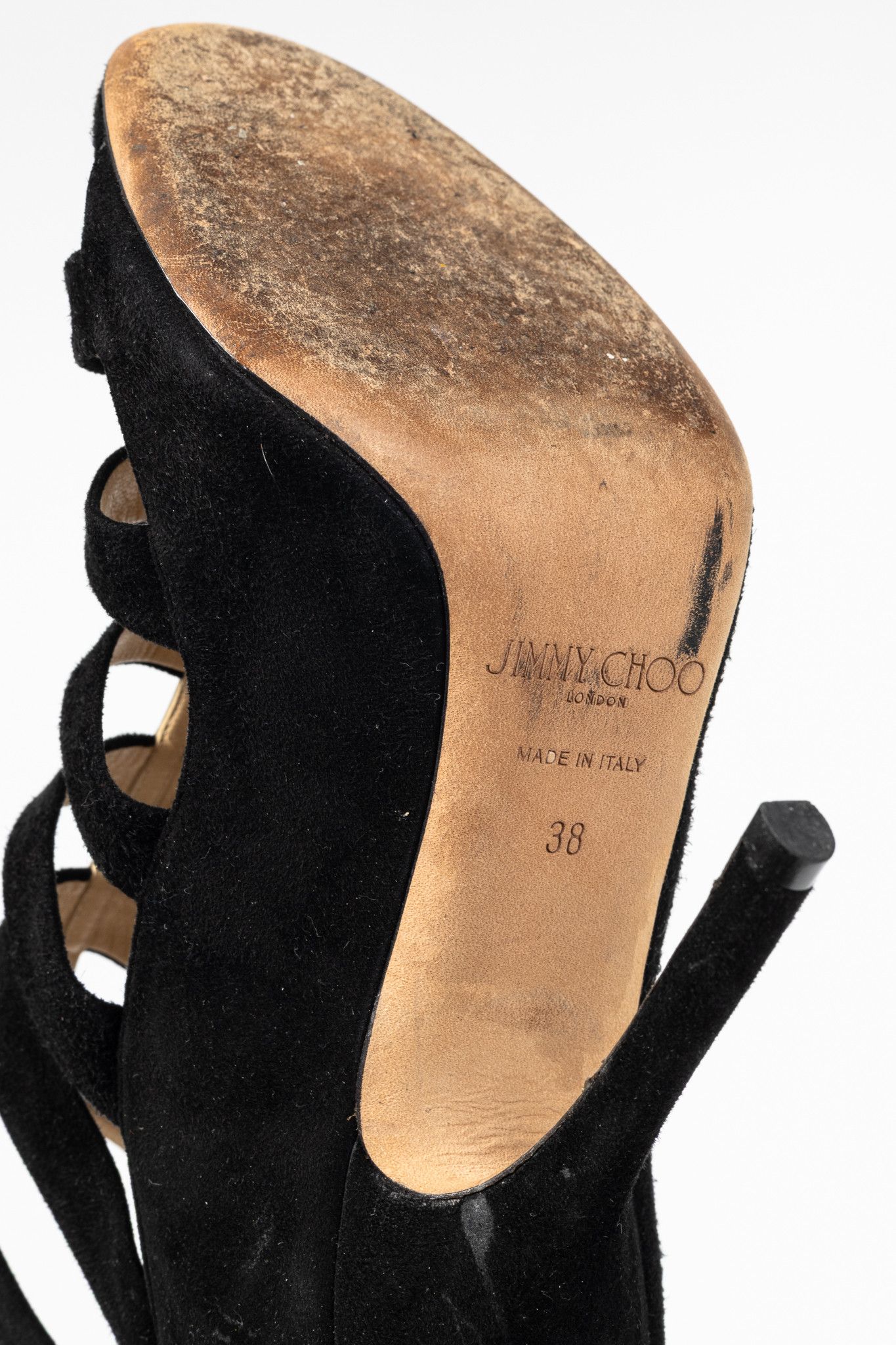 Jimmy Choo Jimmy Choo Fathom Black & Gold Suede Strappy Sandals Size US 7.5 / IT 37.5 - 5 Thumbnail